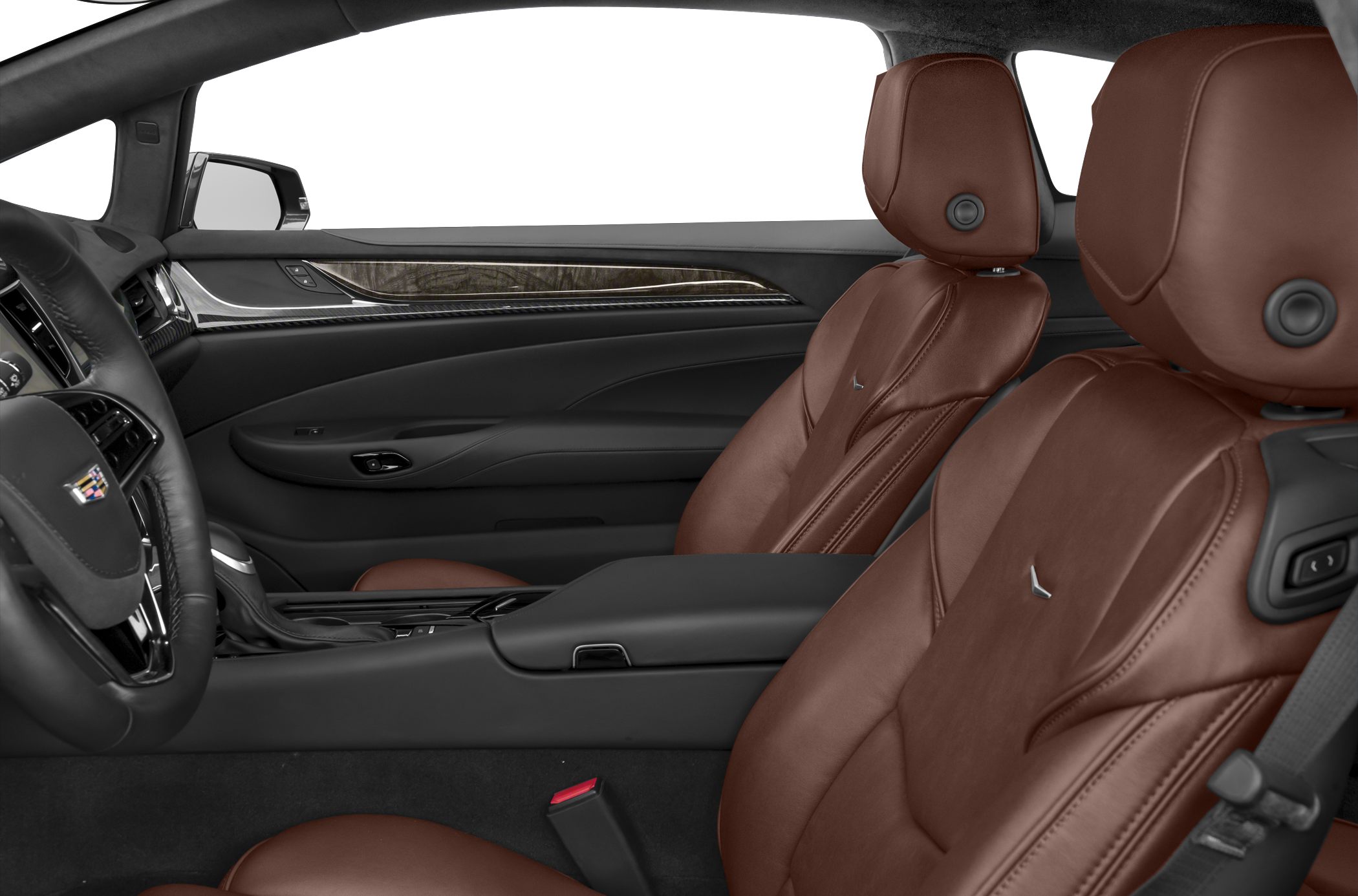 Brown leather seats with wood trim and black interior panels