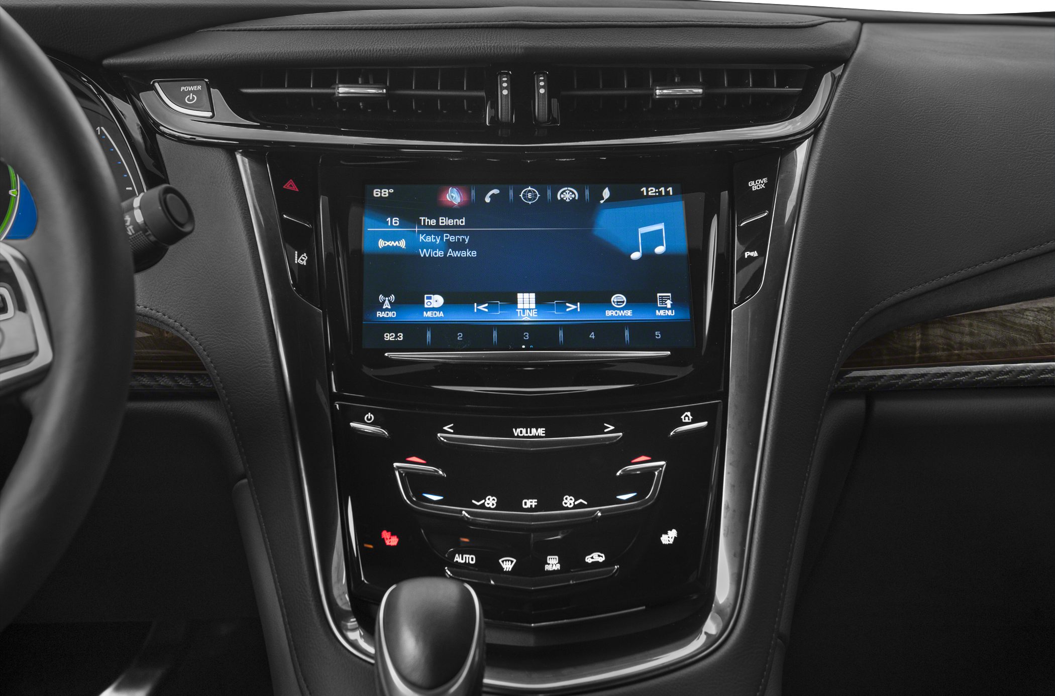 Central console with touchscreen infotainment and climate control panel