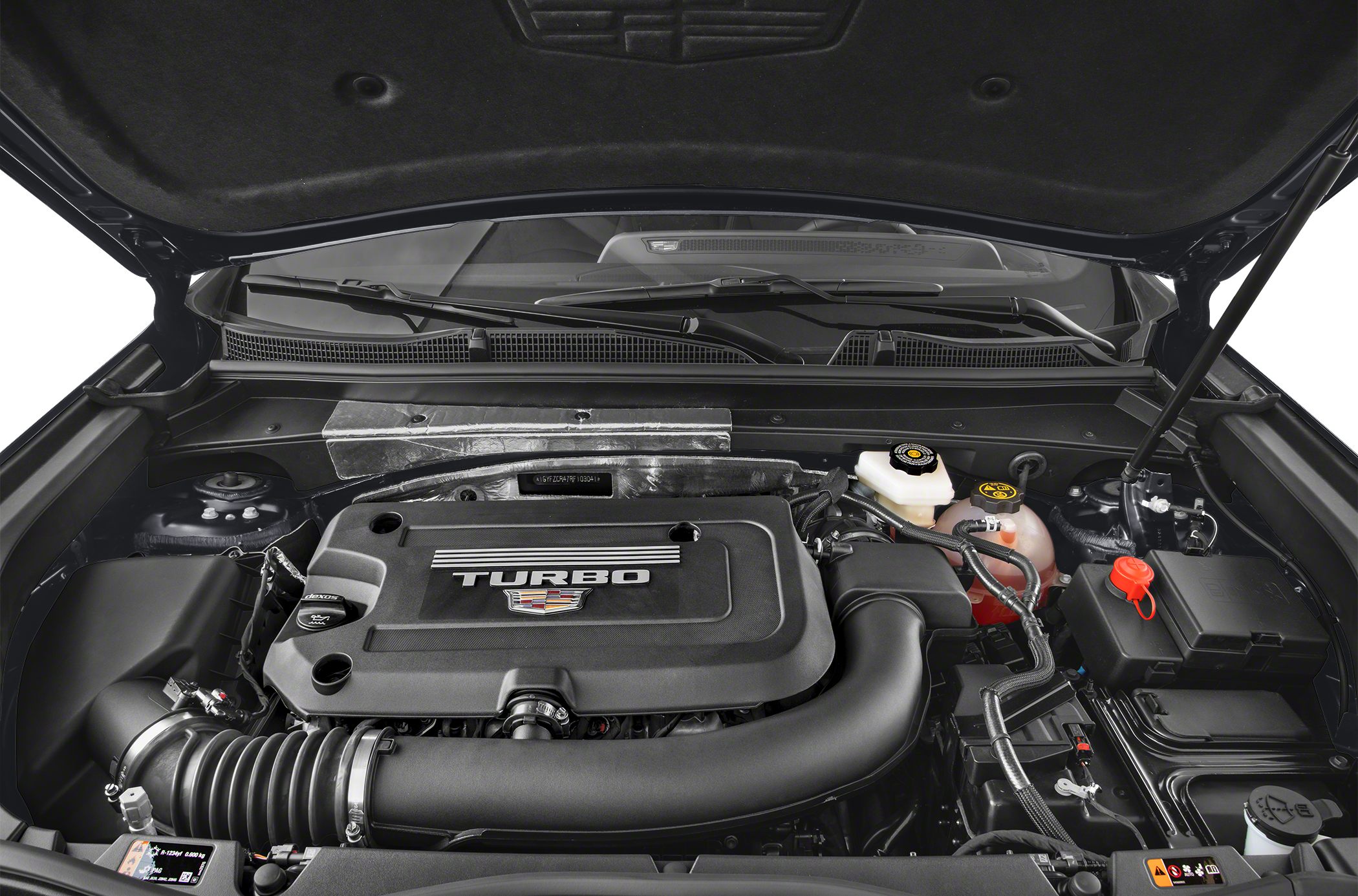 Turbocharged engine bay with detailed components and layout.