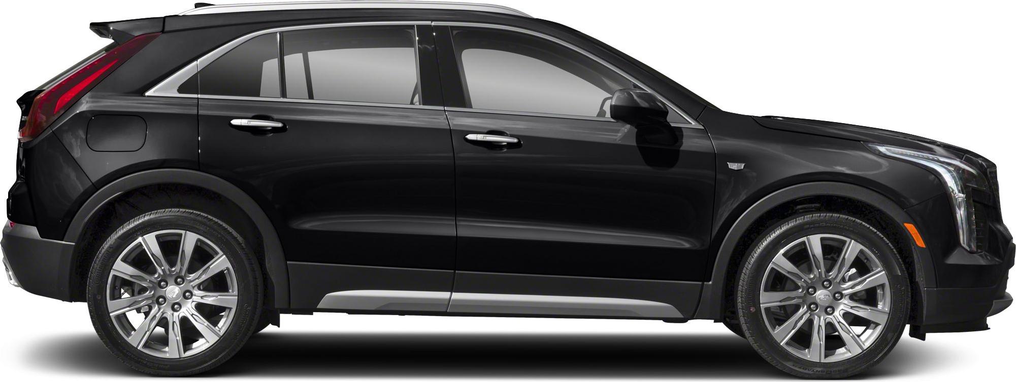 Side view of a black crossover SUV with distinctive alloy wheels and tinted windows