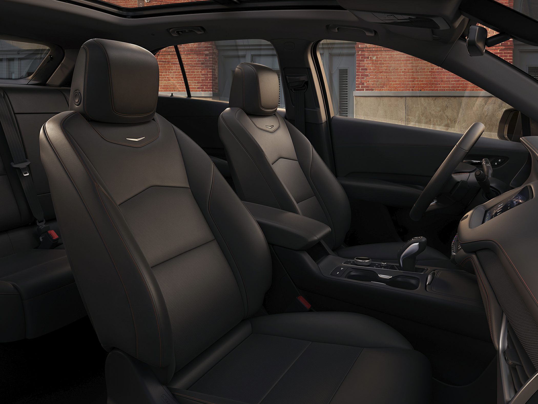 Leather front seats with center console and armrest in vehicle cabin