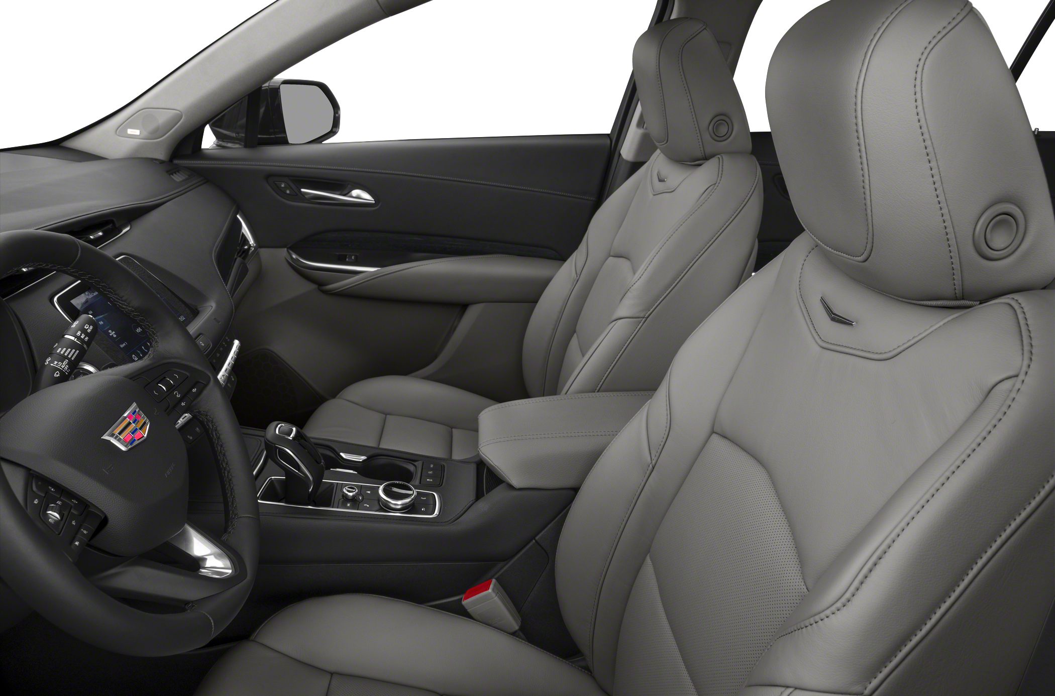 Premium gray leather front seats with detailed stitching and advanced console controls