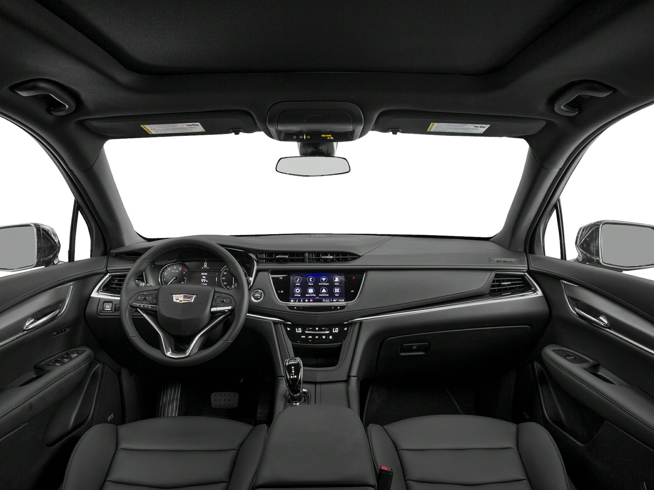 Dashboard with central infotainment and multifunction steering wheel