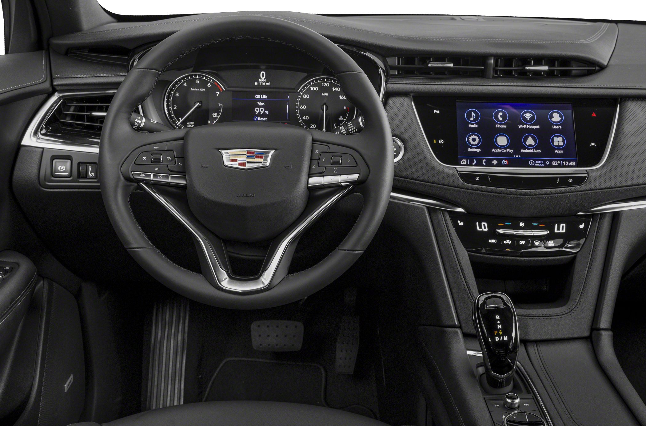 Luxury SUV interior with digital dashboard, multifunction steering wheel, and touchscreen infotainment