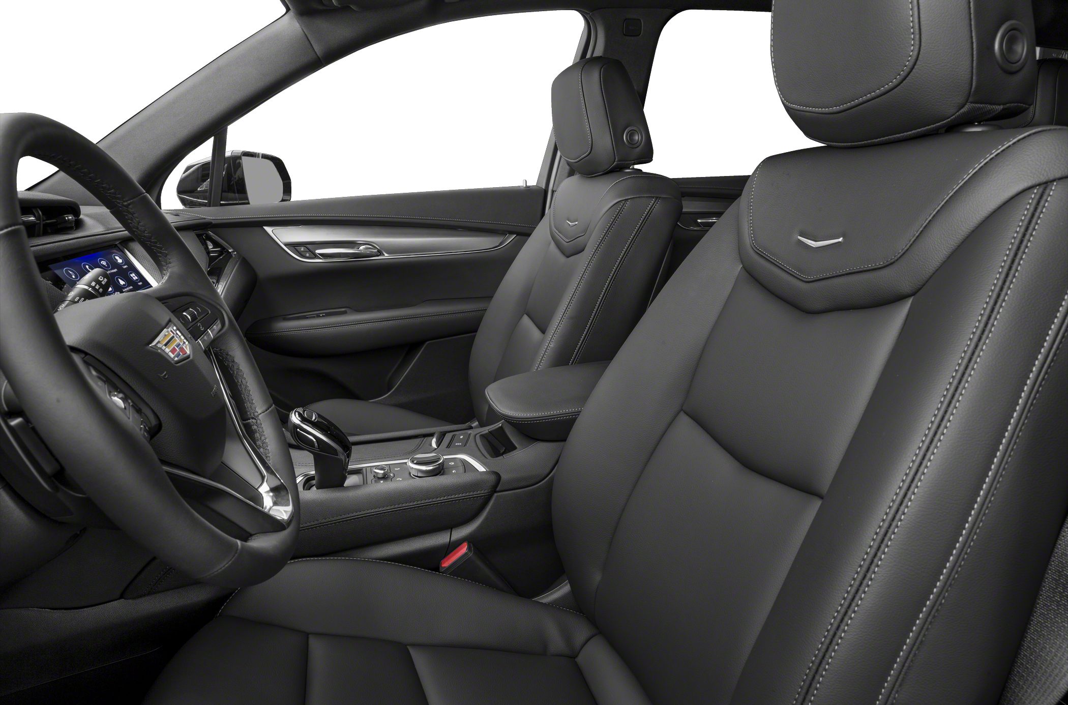 Black leather seats with detailed stitching and modern center console