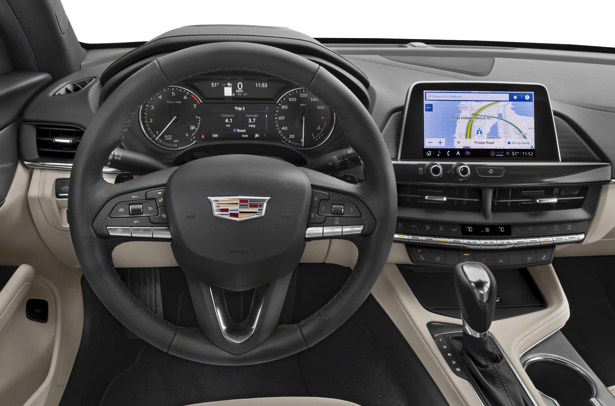 Steering wheel, digital dashboard, infotainment screen with navigation