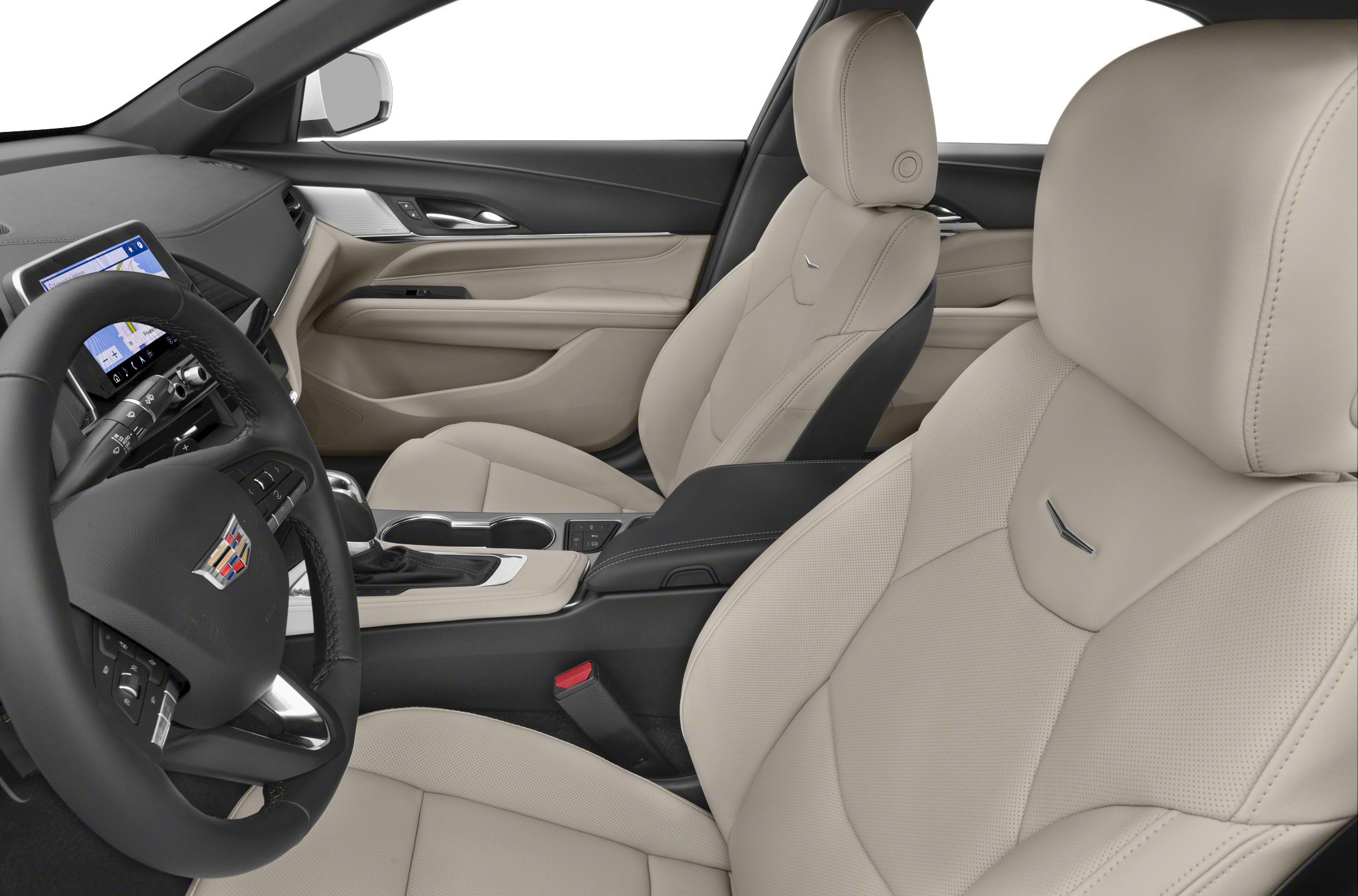 Beige leather seats with detailed stitching and modern cockpit layout