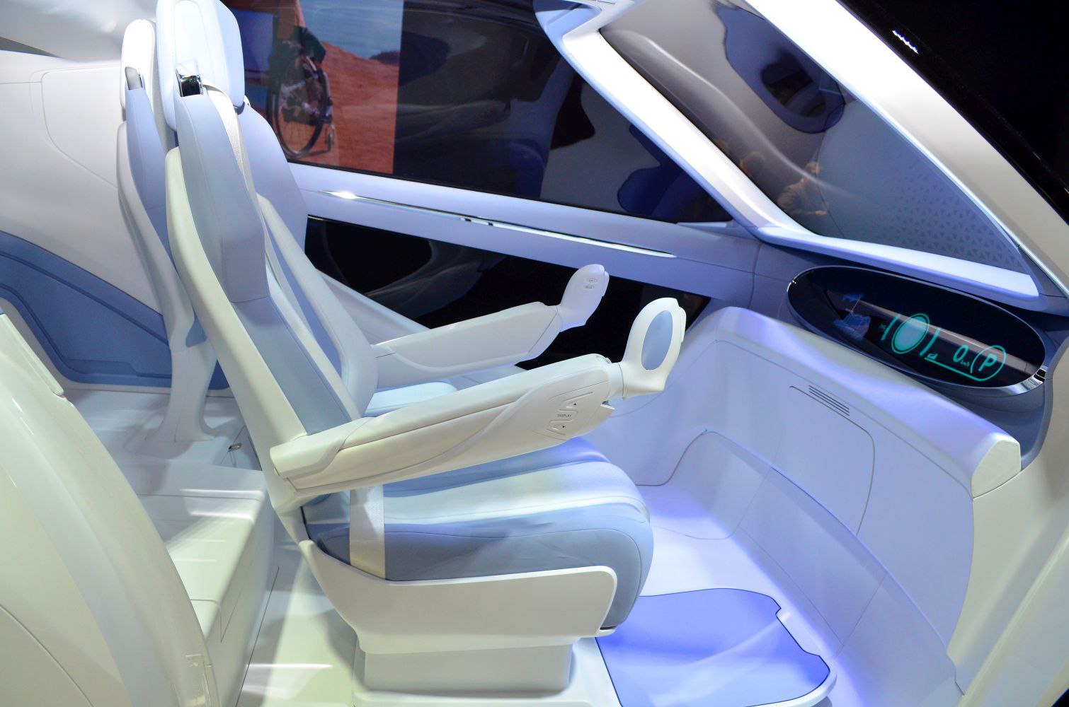 Futuristic concept car interior with innovative seating and digital dashboard