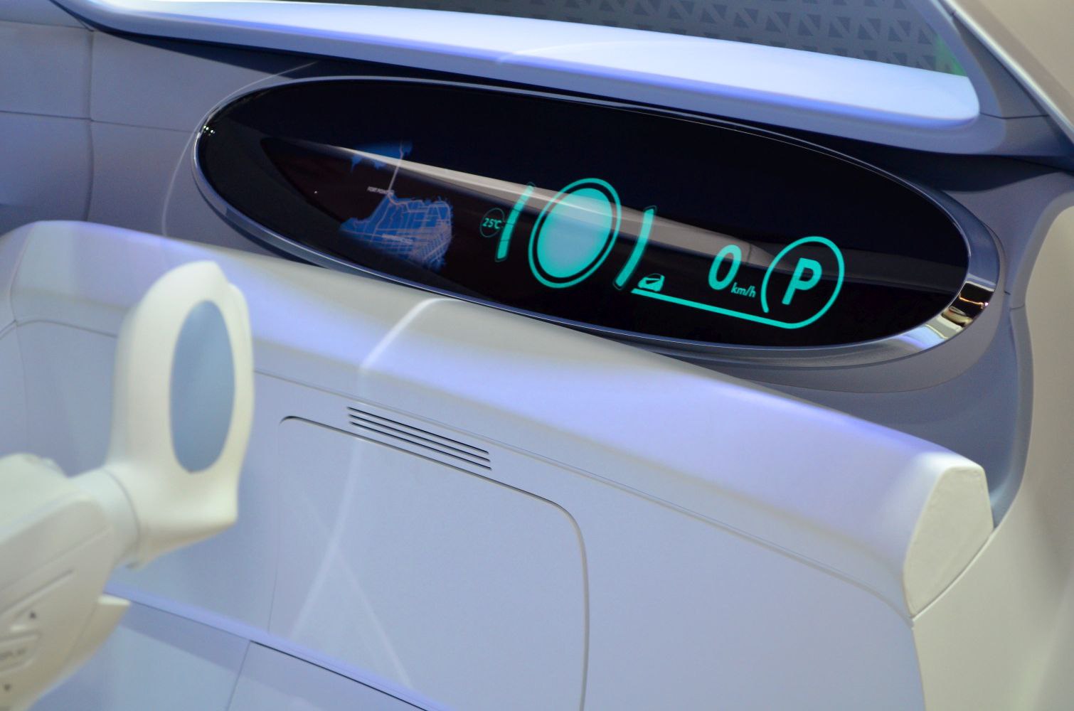 Futuristic digital dashboard with navigation and speed indicators