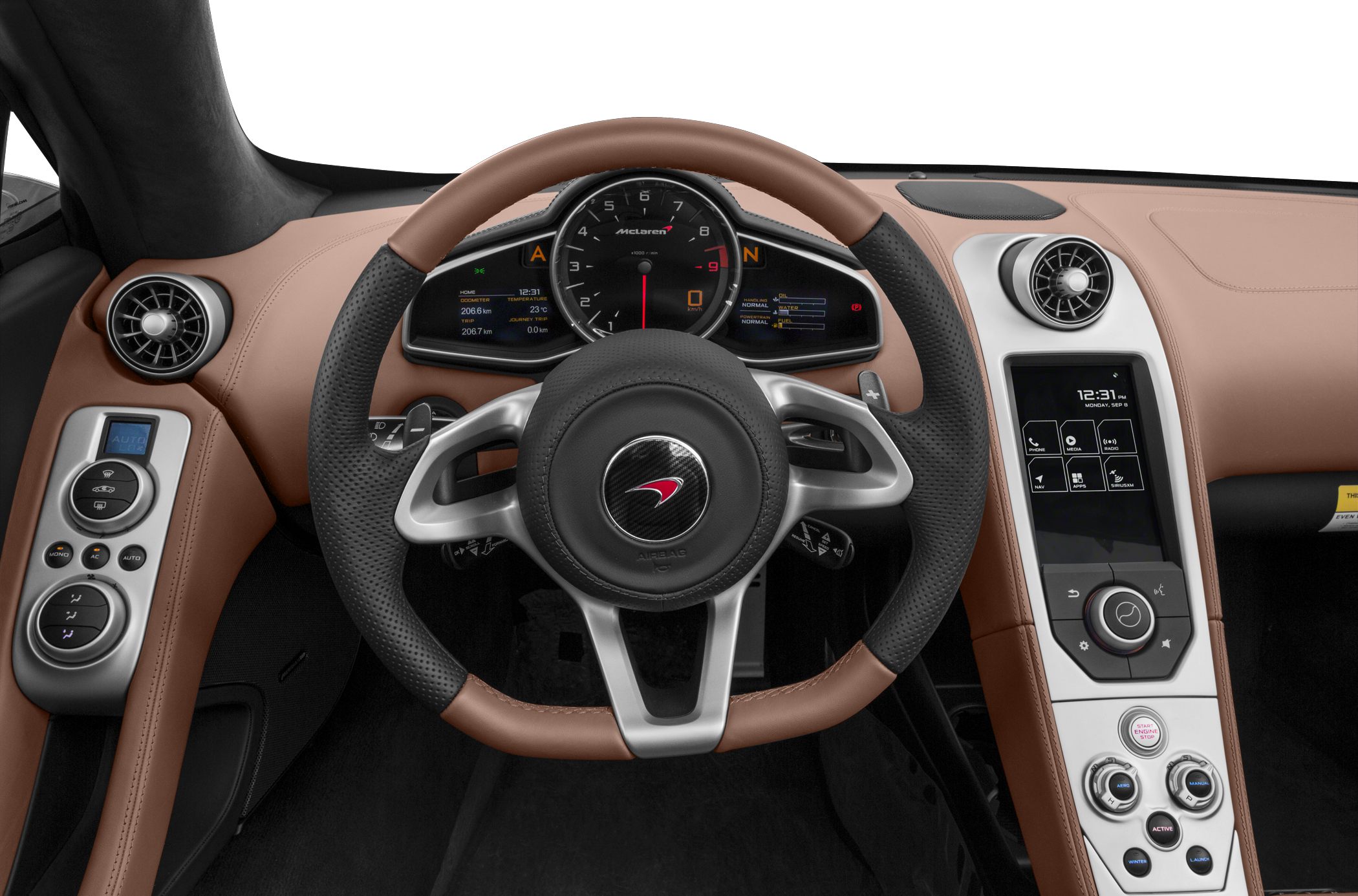 Digital instrument cluster, leather-trimmed steering wheel, central infotainment screen