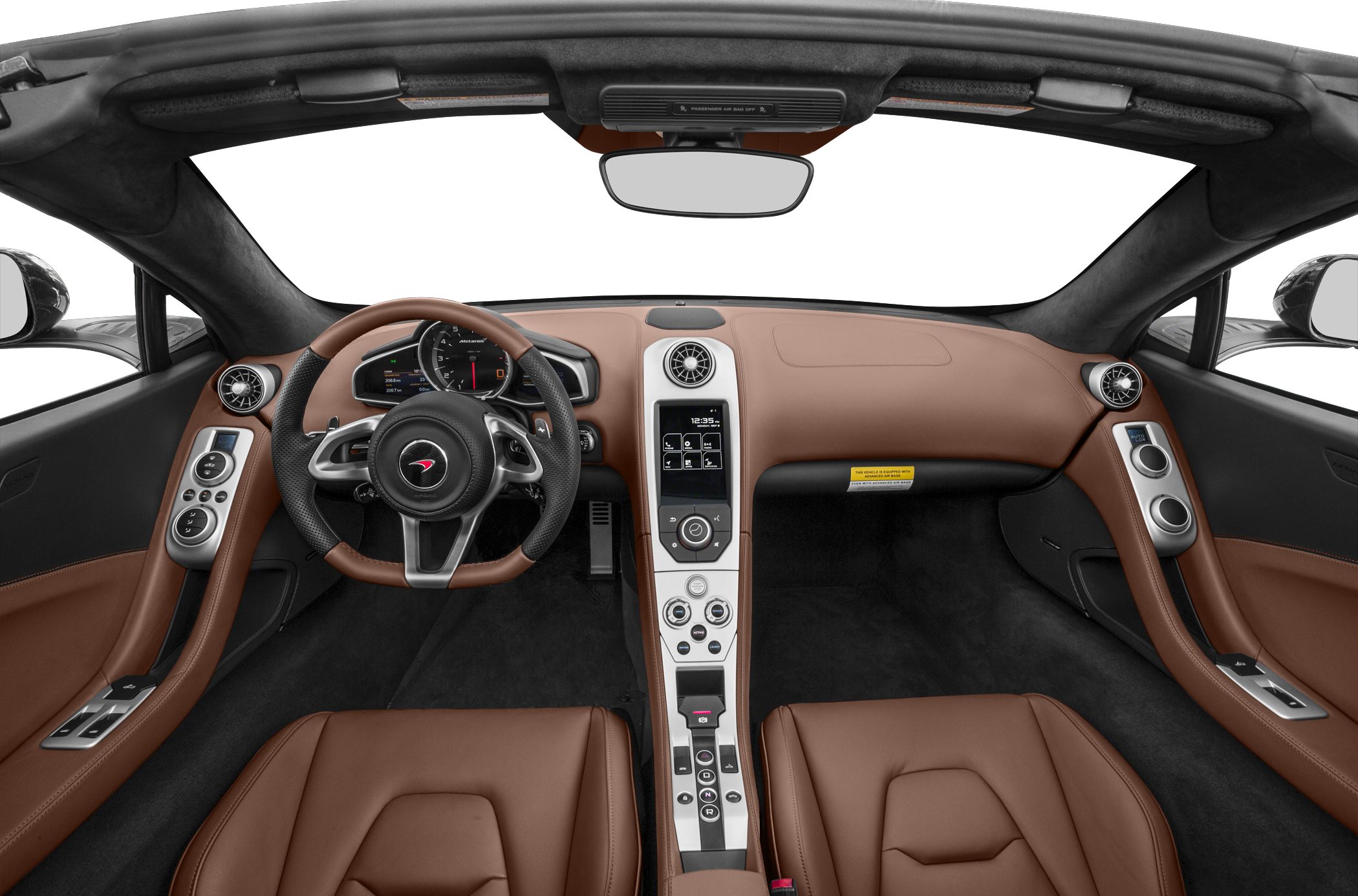 Luxury car interior with leather seats and cockpit dashboard.