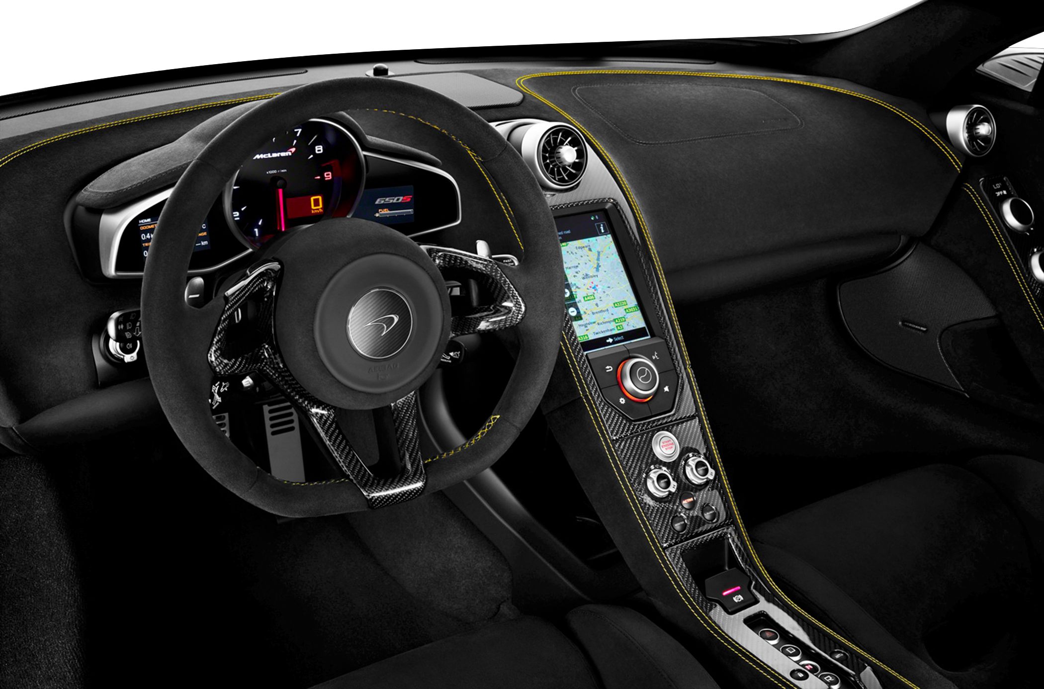 Carbon fiber steering wheel and center console with Alcantara and yellow stitching