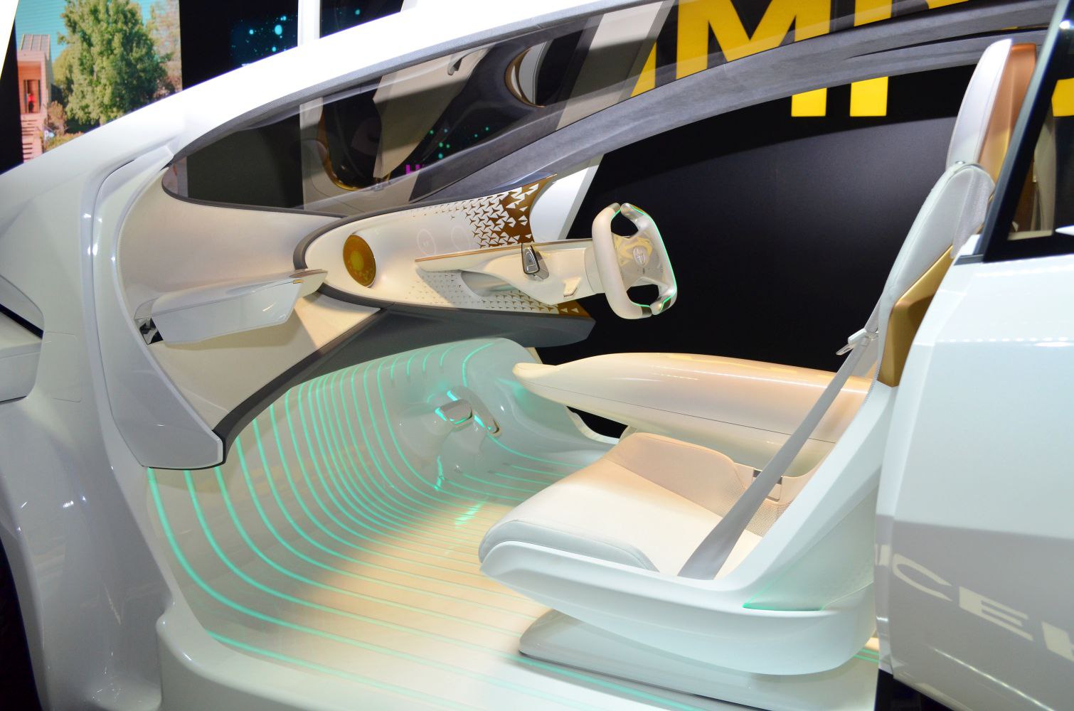 Minimalist steering and illuminated futuristic concept car interior