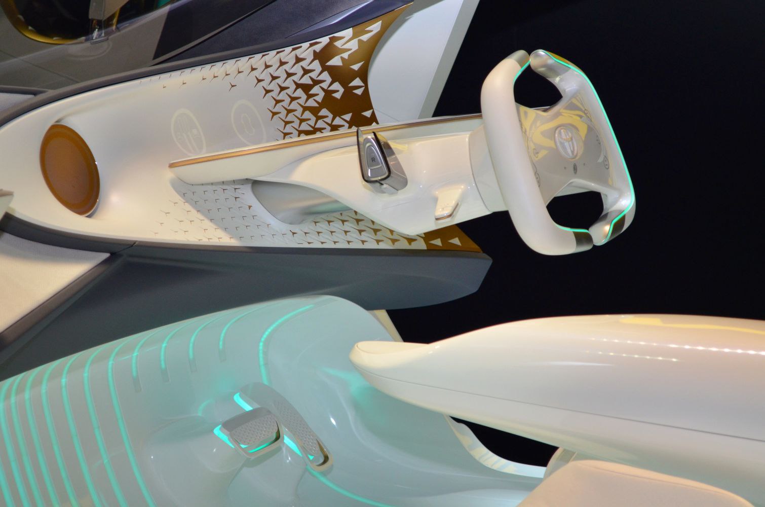 Digital steering wheel and futuristic car interior with illuminated accents