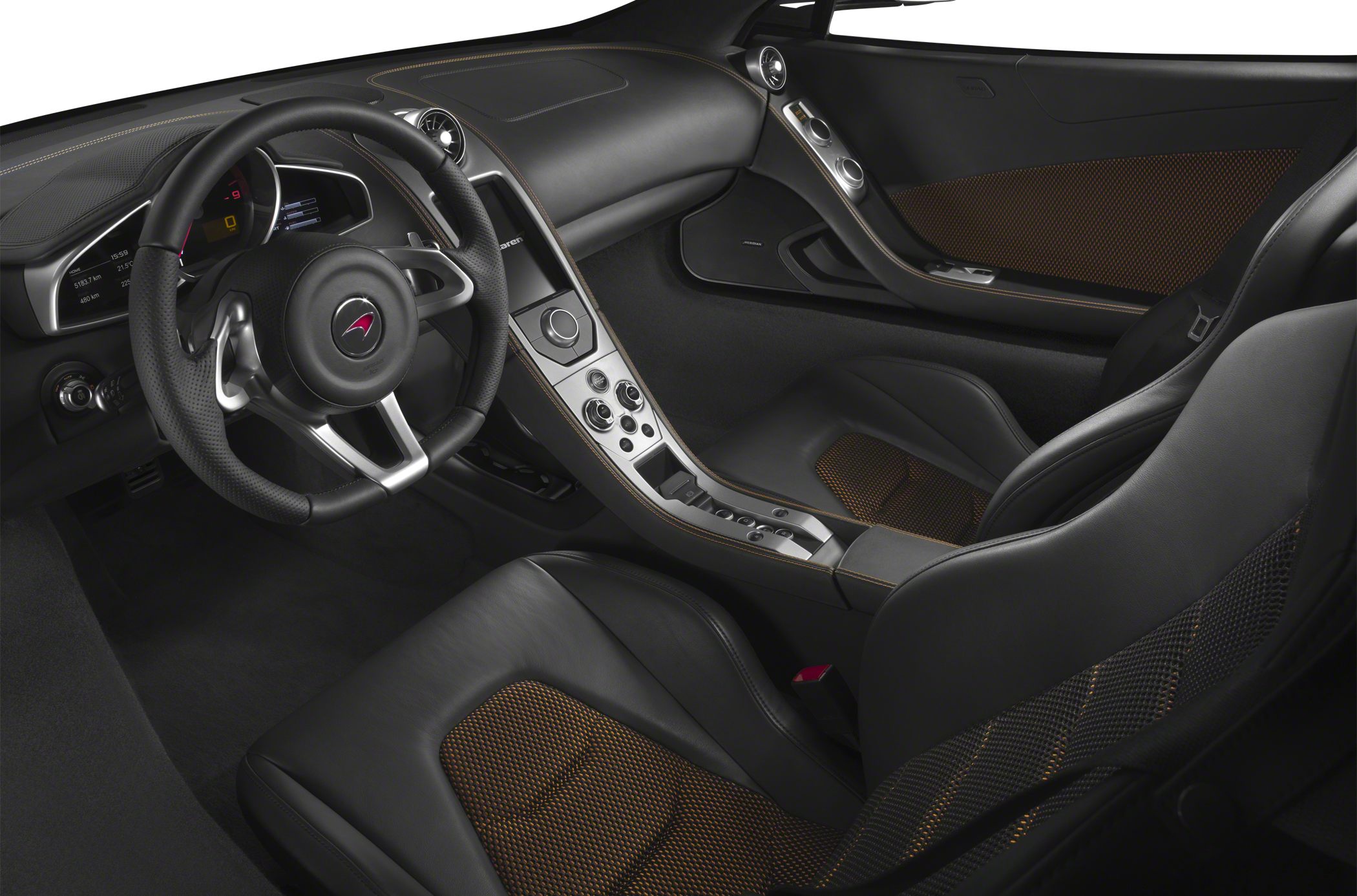 Steering wheel, dashboard, and center console inside a luxury sports coupe