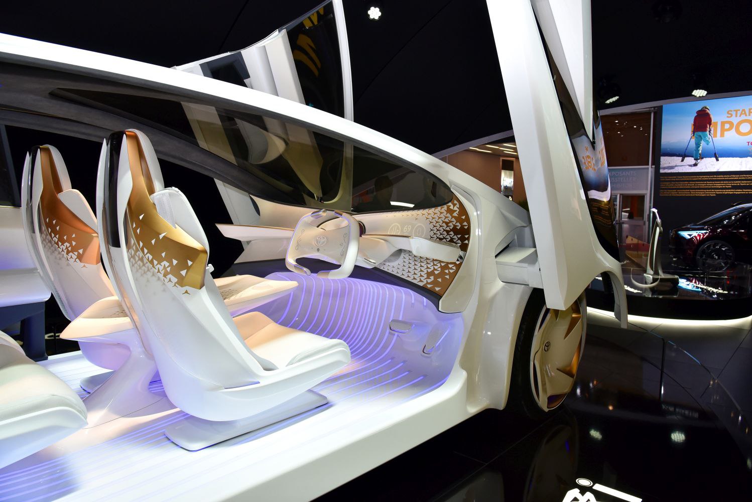 Futuristic interior and butterfly doors with ambient lighting