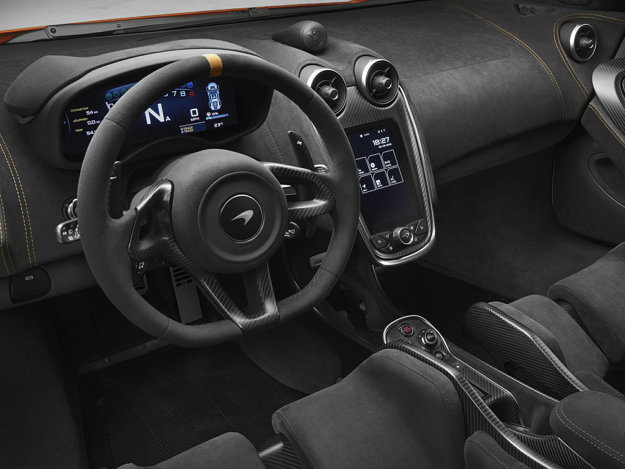 Digital dashboard and carbon fiber steering wheel with infotainment screen