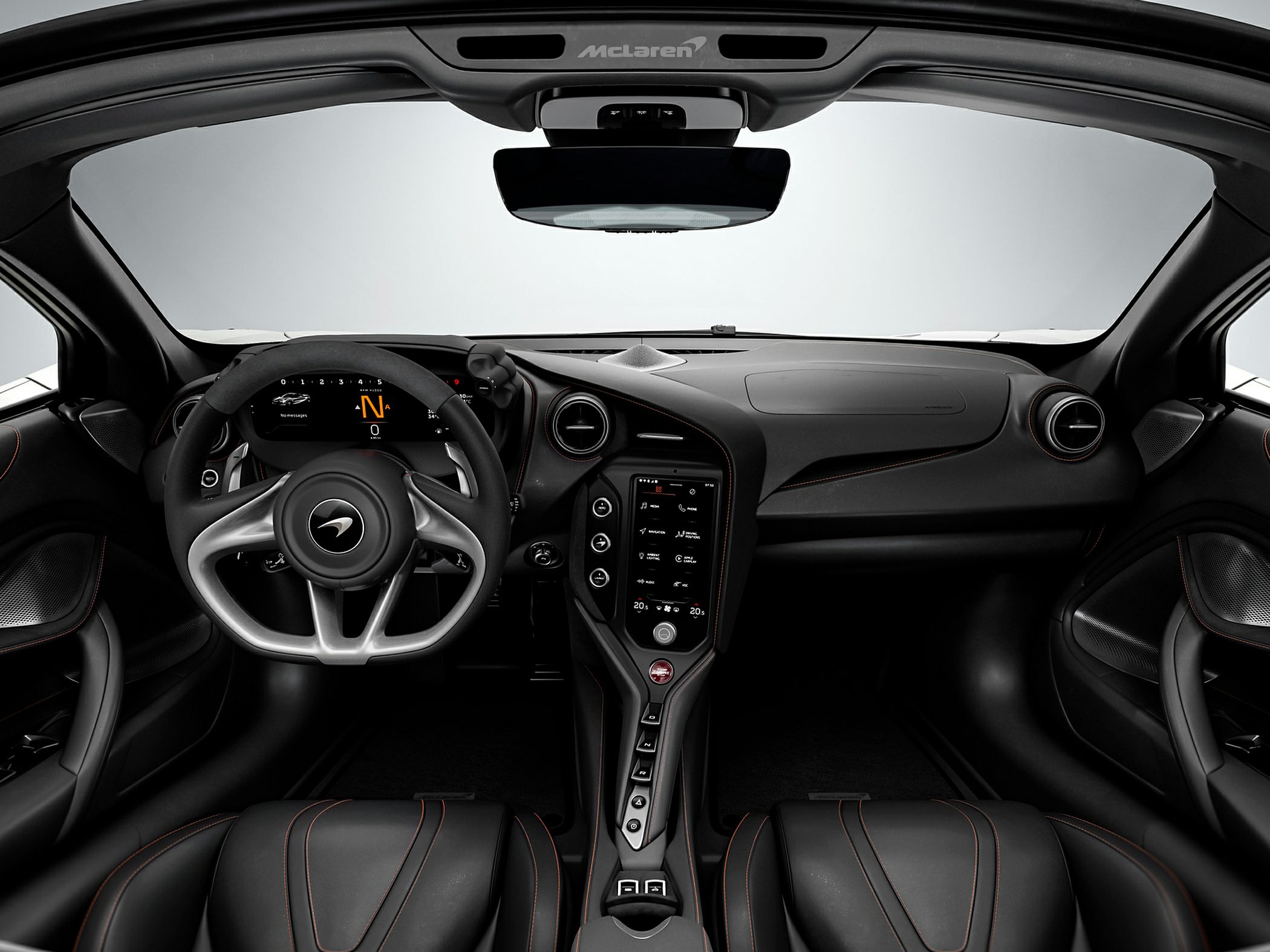 Digital instrument cluster and central touchscreen in luxury sports car interior