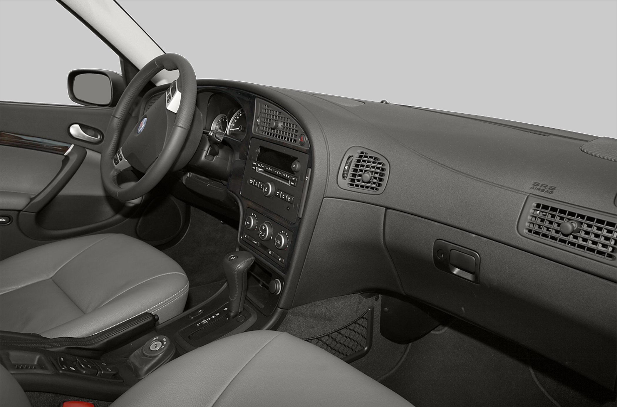 Car interior with dashboard and steering wheel