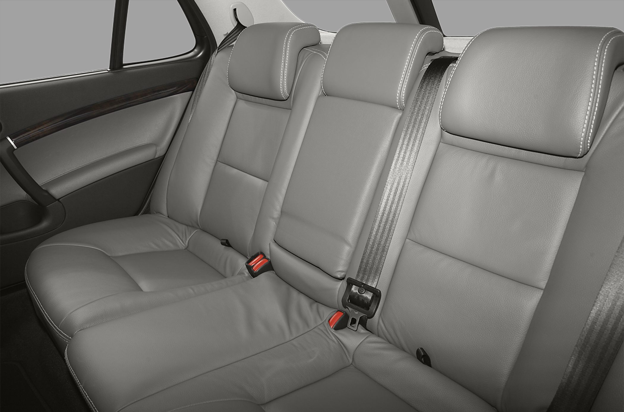 Grey leather rear seats with stitching and headrests