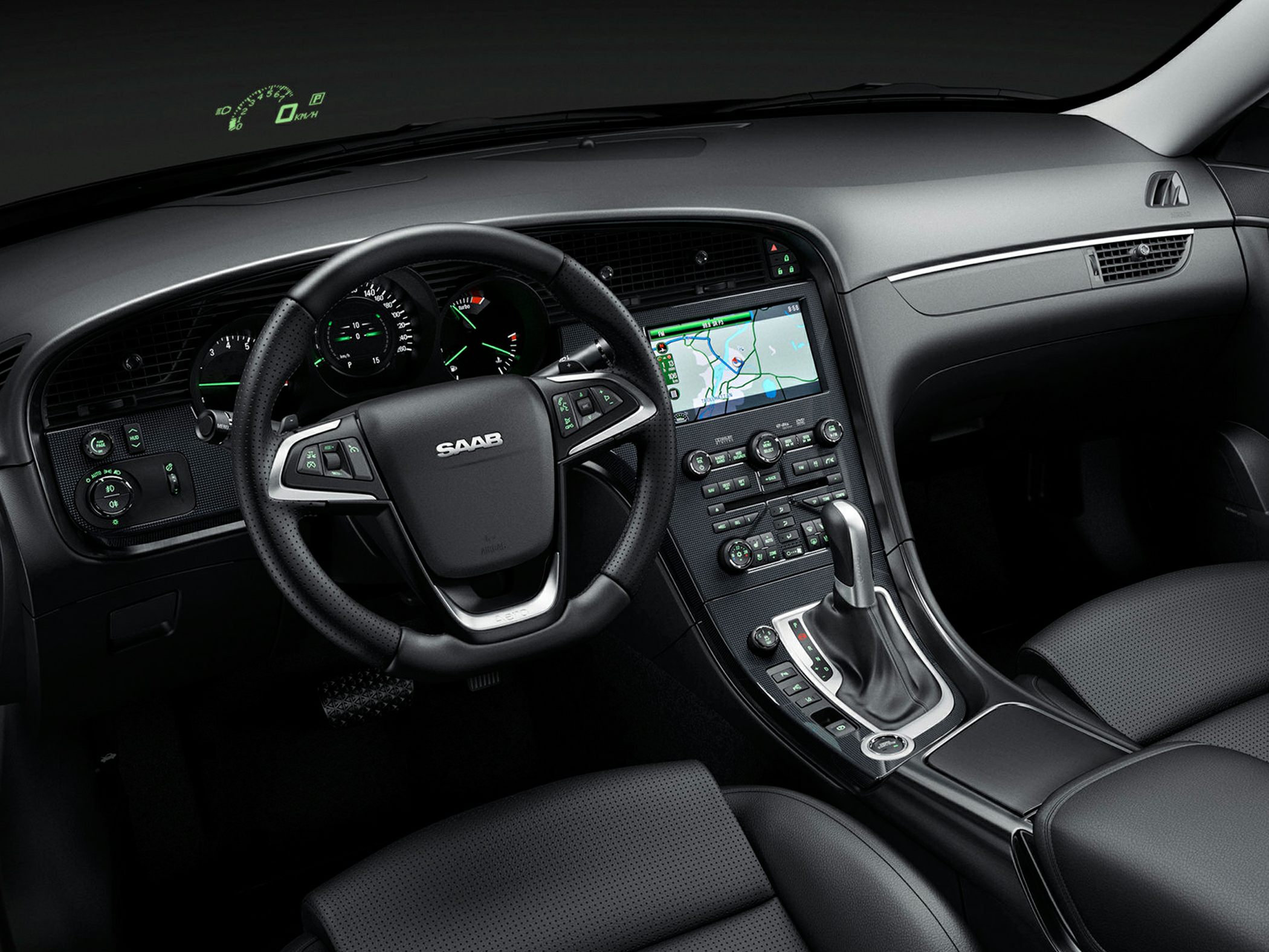 Steering wheel, HUD, digital dashboard, and center console with navigation screen