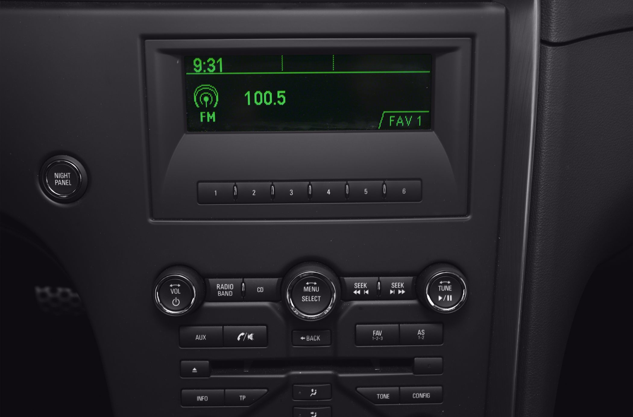 Car radio control panel with green display and manual knobs