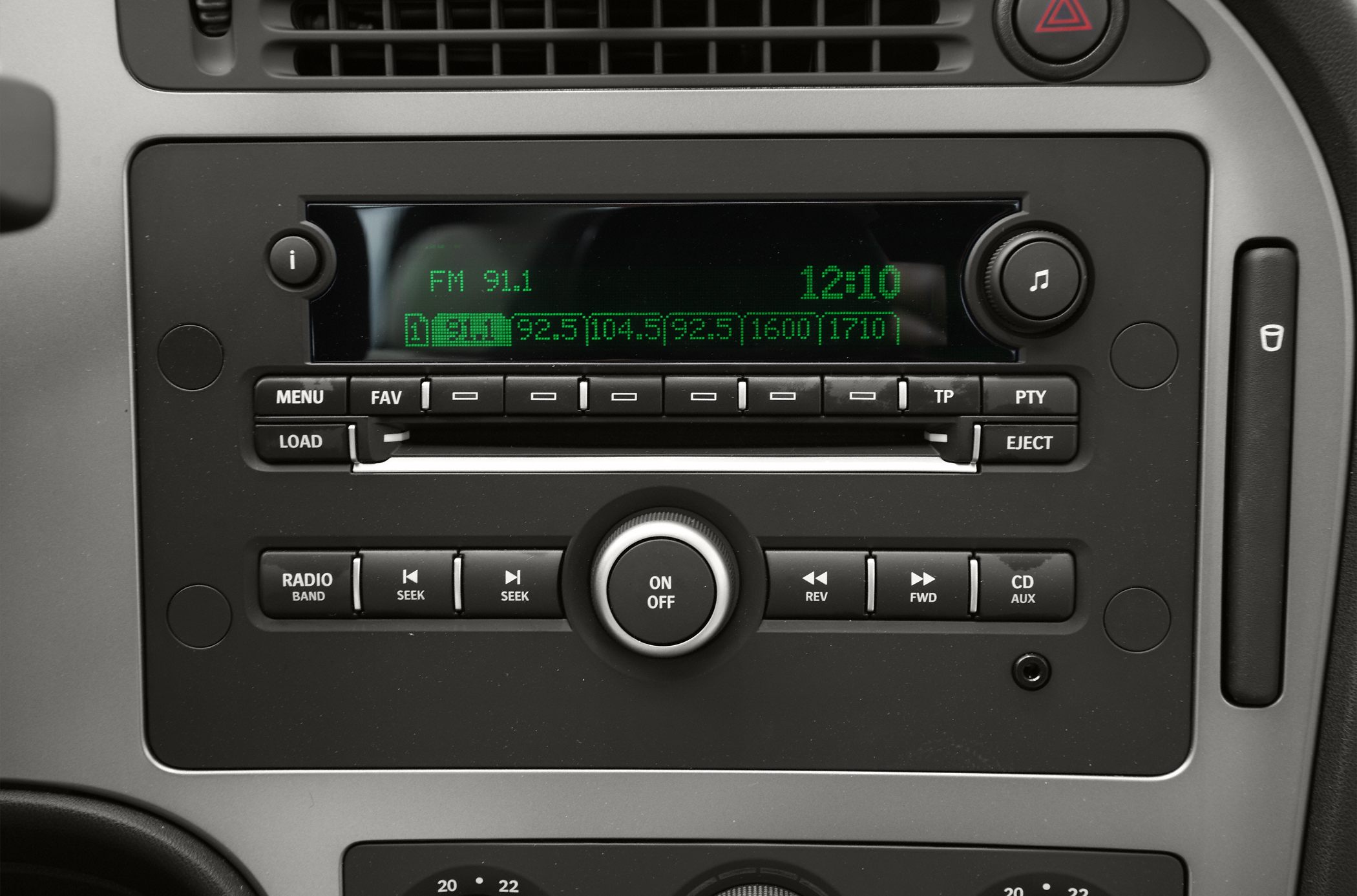 Green digital radio display and dashboard control buttons