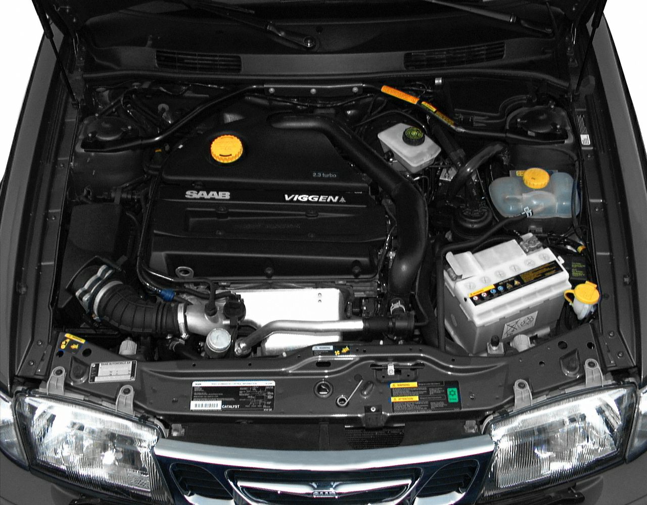 Turbocharged 2.3L engine with components under an open bonnet