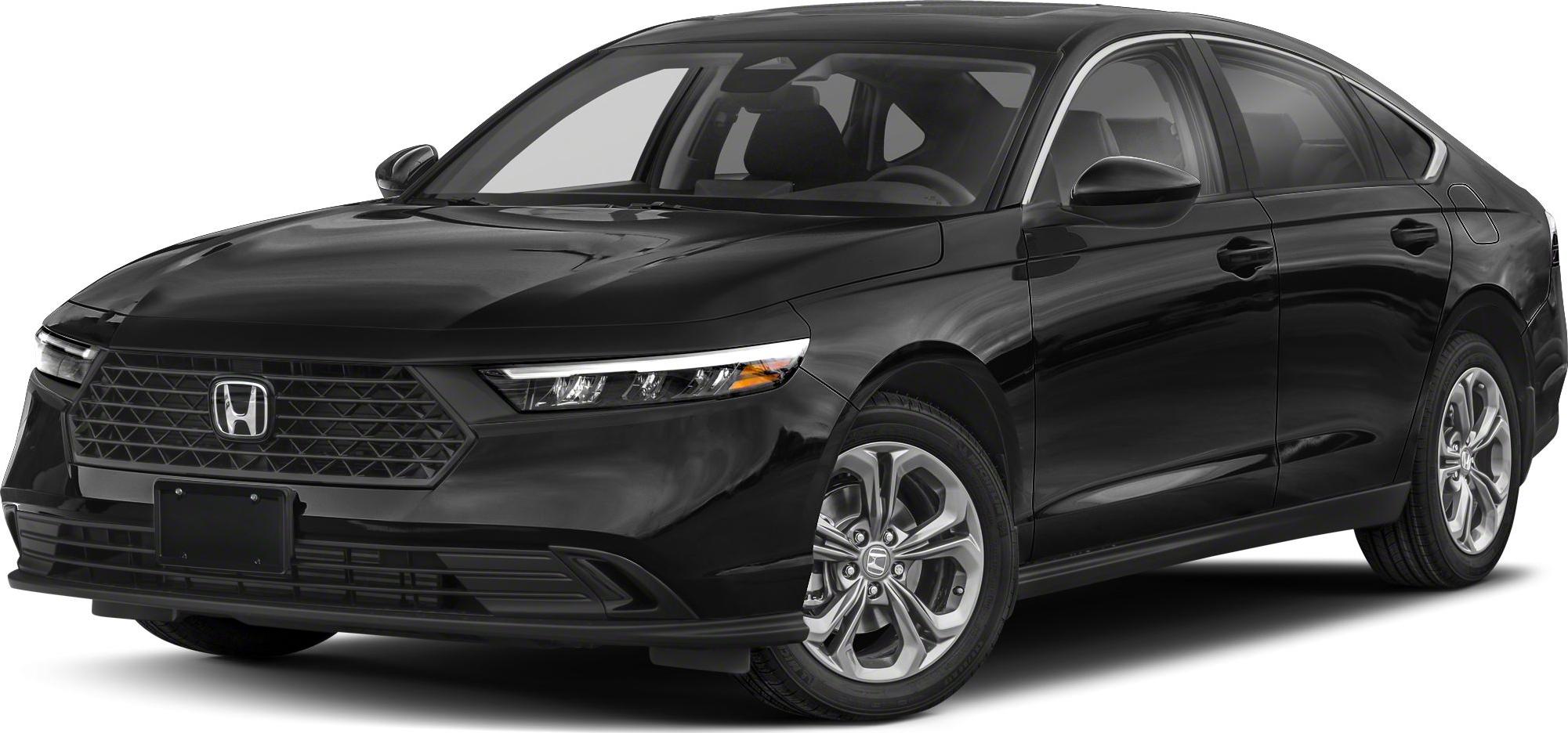 Front-side view of a black sedan featuring LED headlights and distinct grille design