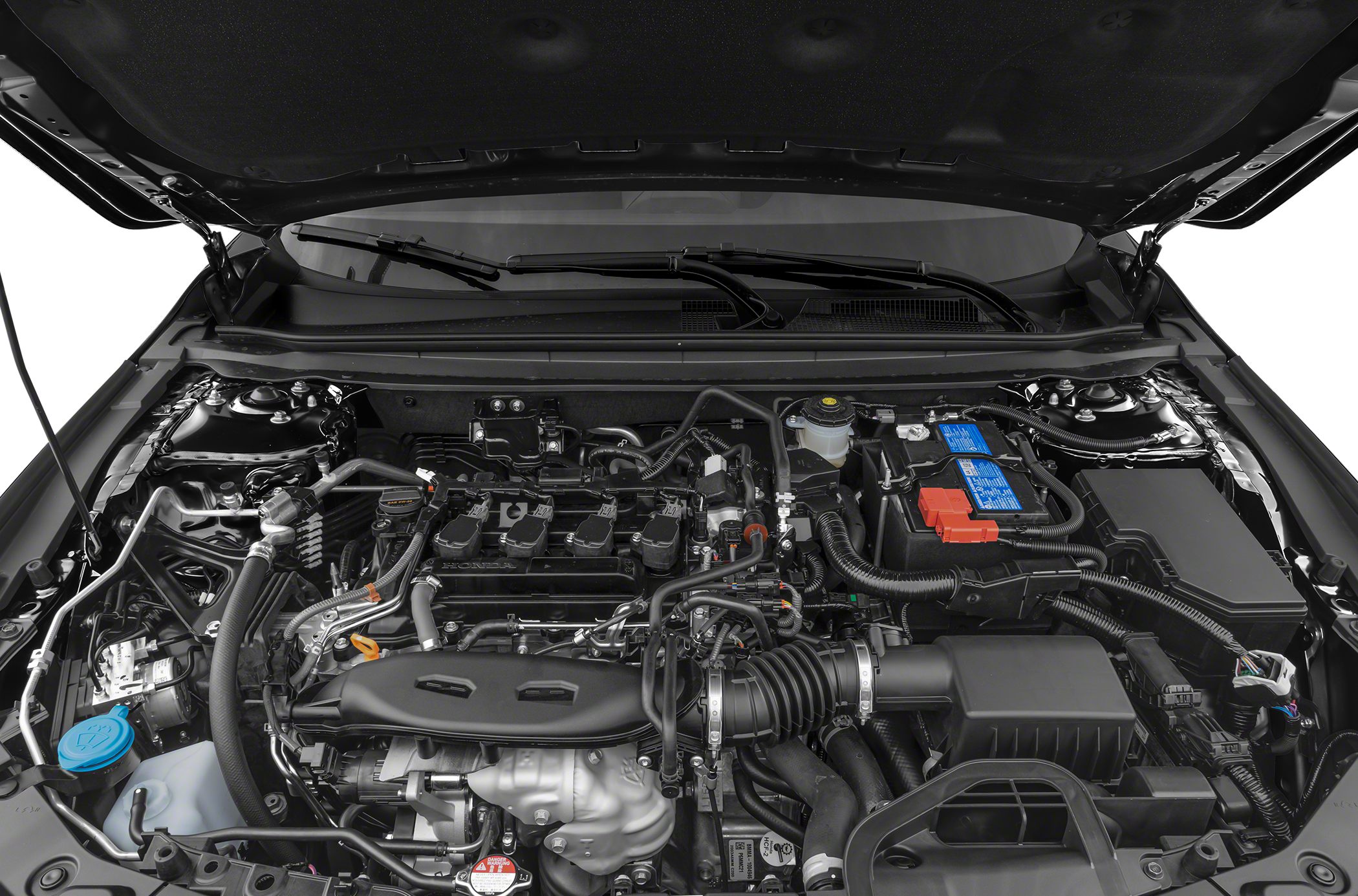 Modern engine bay with detailed components and wiring layout