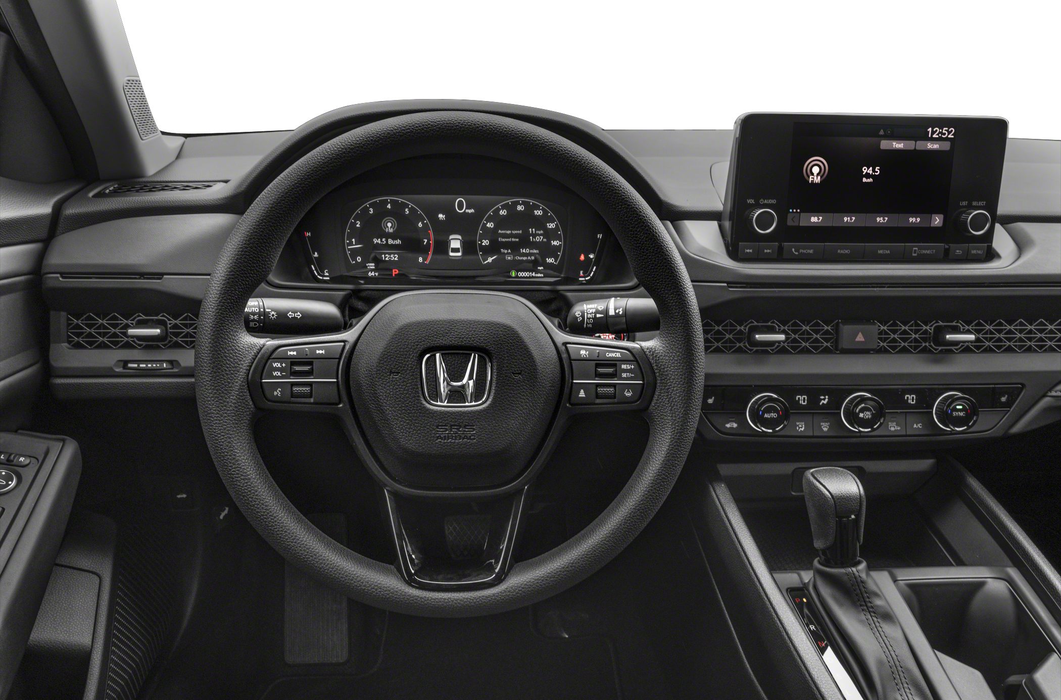 Digital instrument cluster and touchscreen infotainment system in modern car interior
