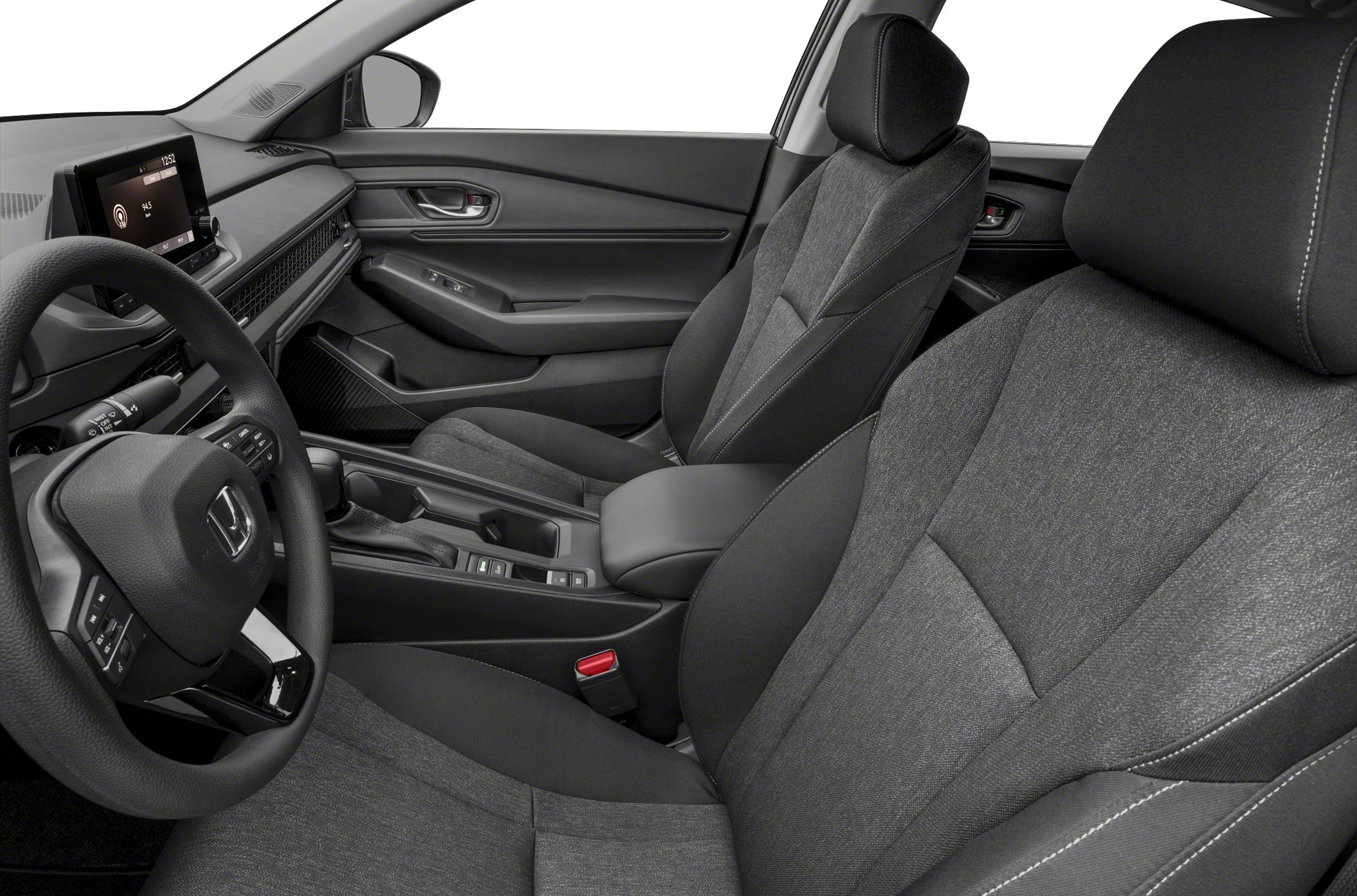 Modern car interior with digital display, fabric seats, and multifunction steering wheel