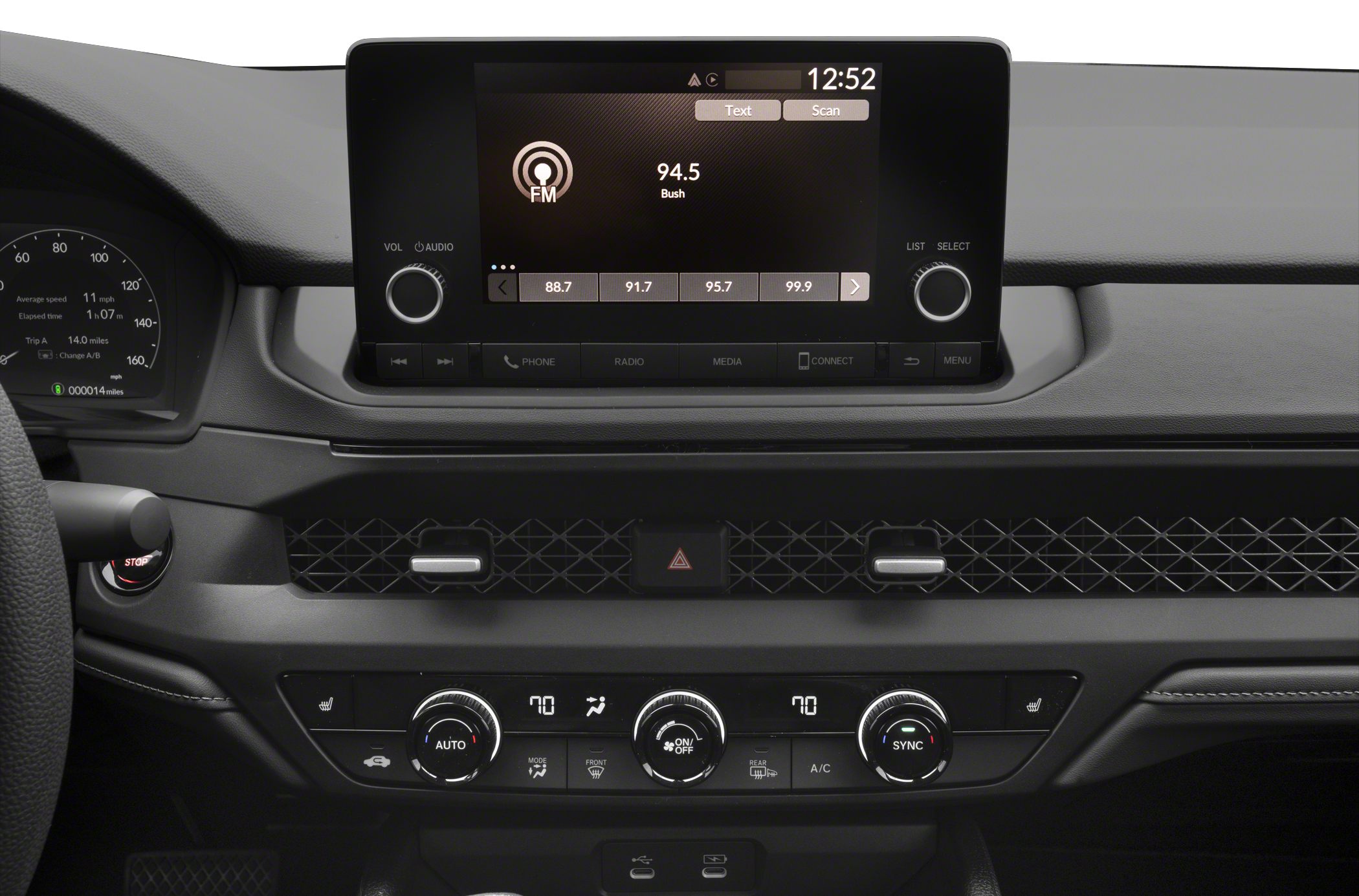 Infotainment screen and climate control panel with digital display and control knobs