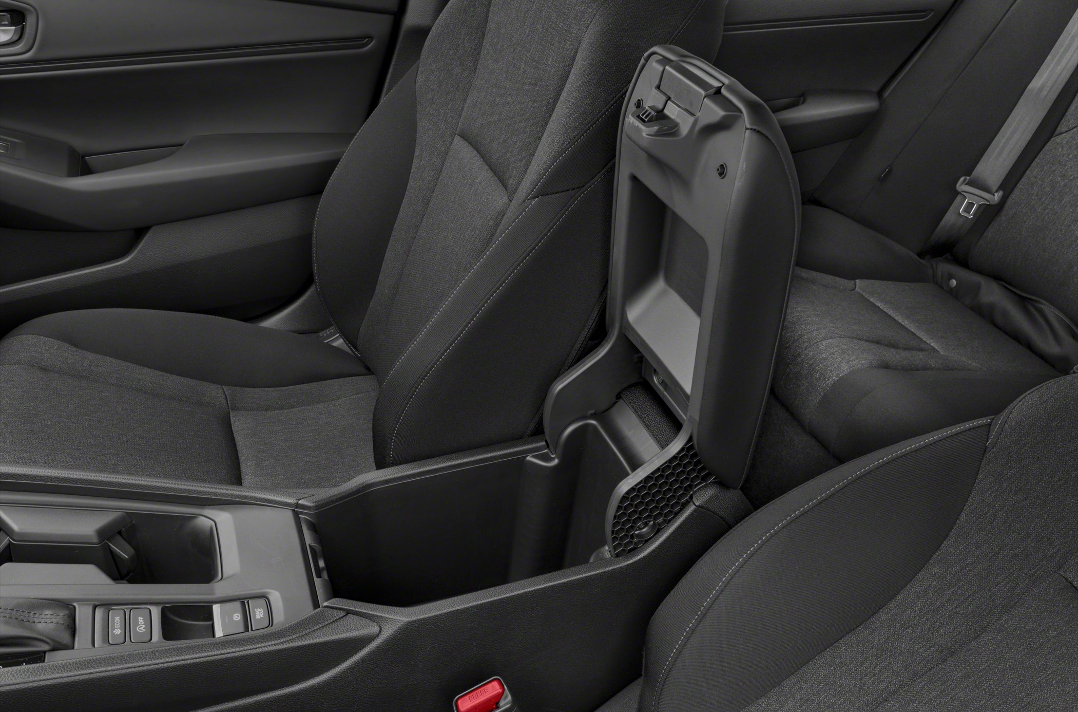 Open center console storage and fabric front seats