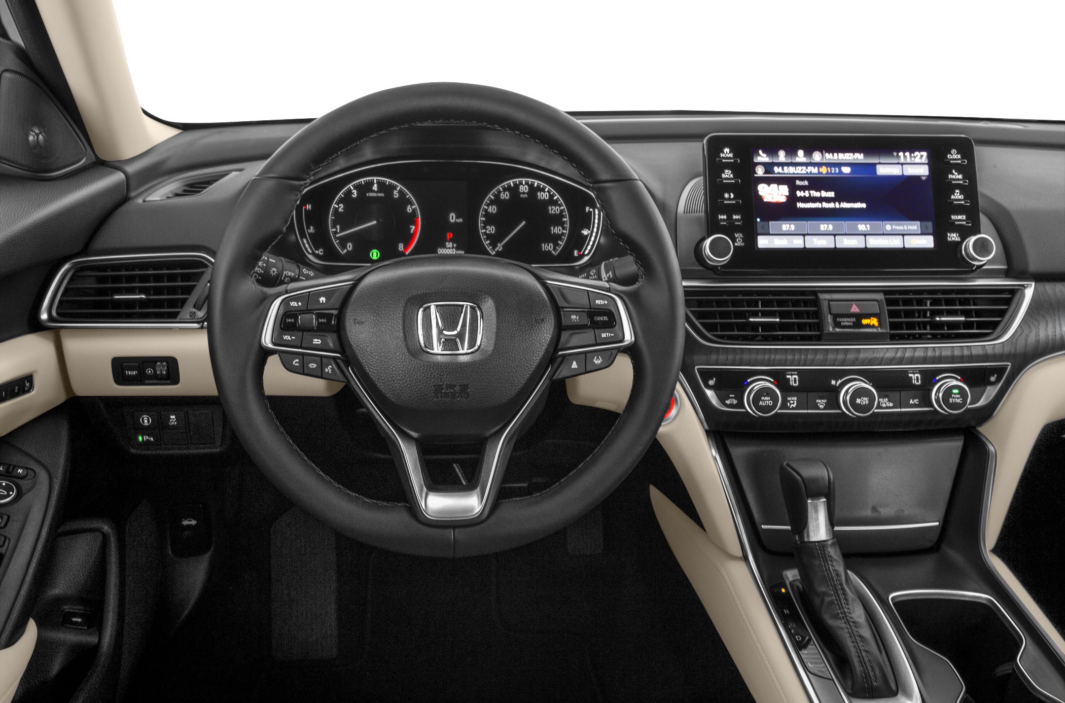 Dashboard, multifunctional steering wheel, infotainment system, climate control panel