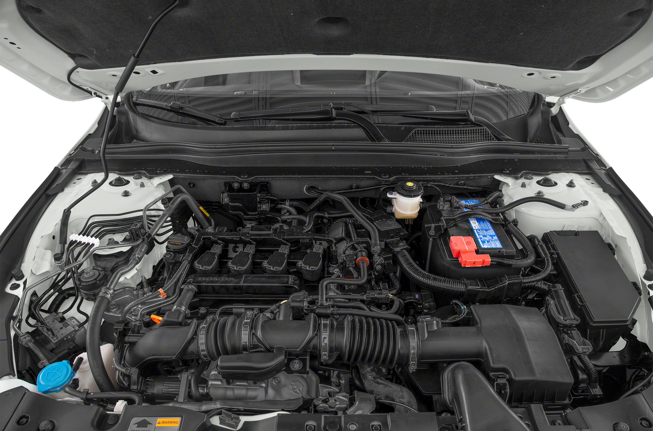 Modern engine bay with visible battery and air intake system