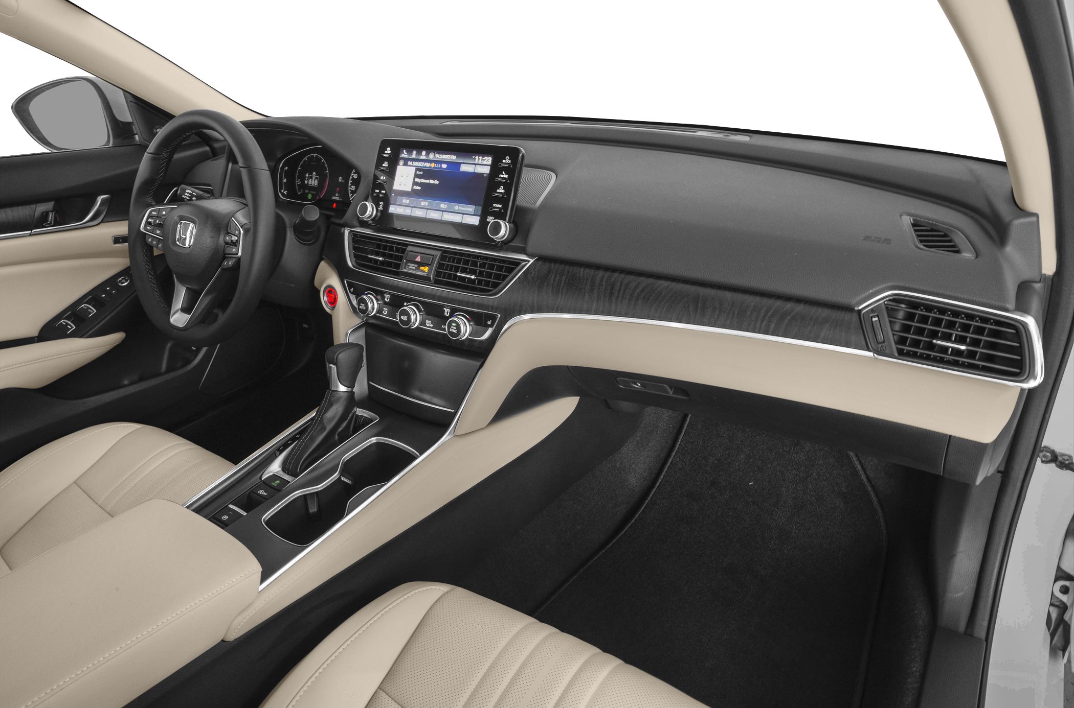 Modern dashboard with touchscreen infotainment and beige seats