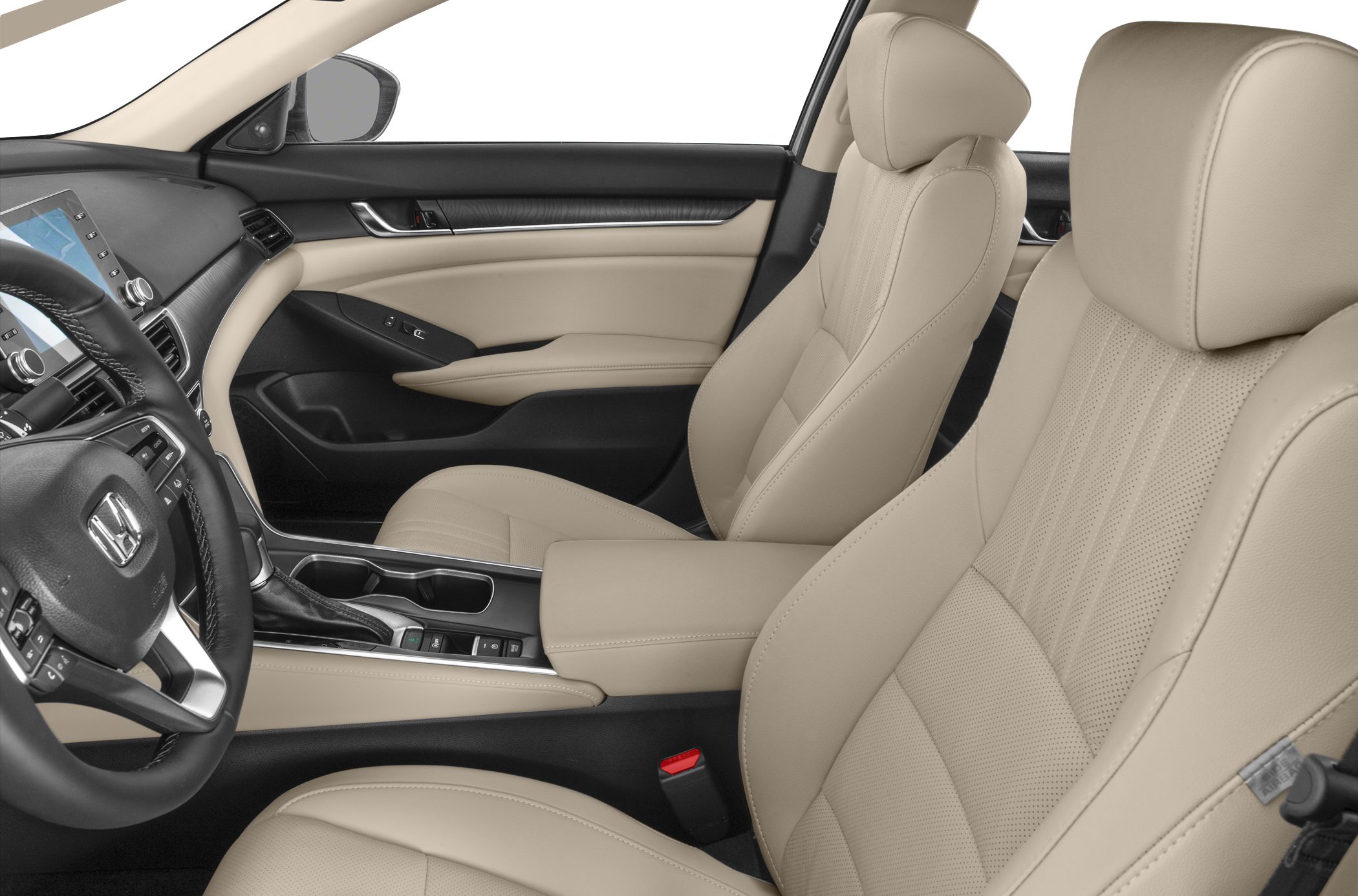 Beige leather seats and modern center console with touchscreen dashboard
