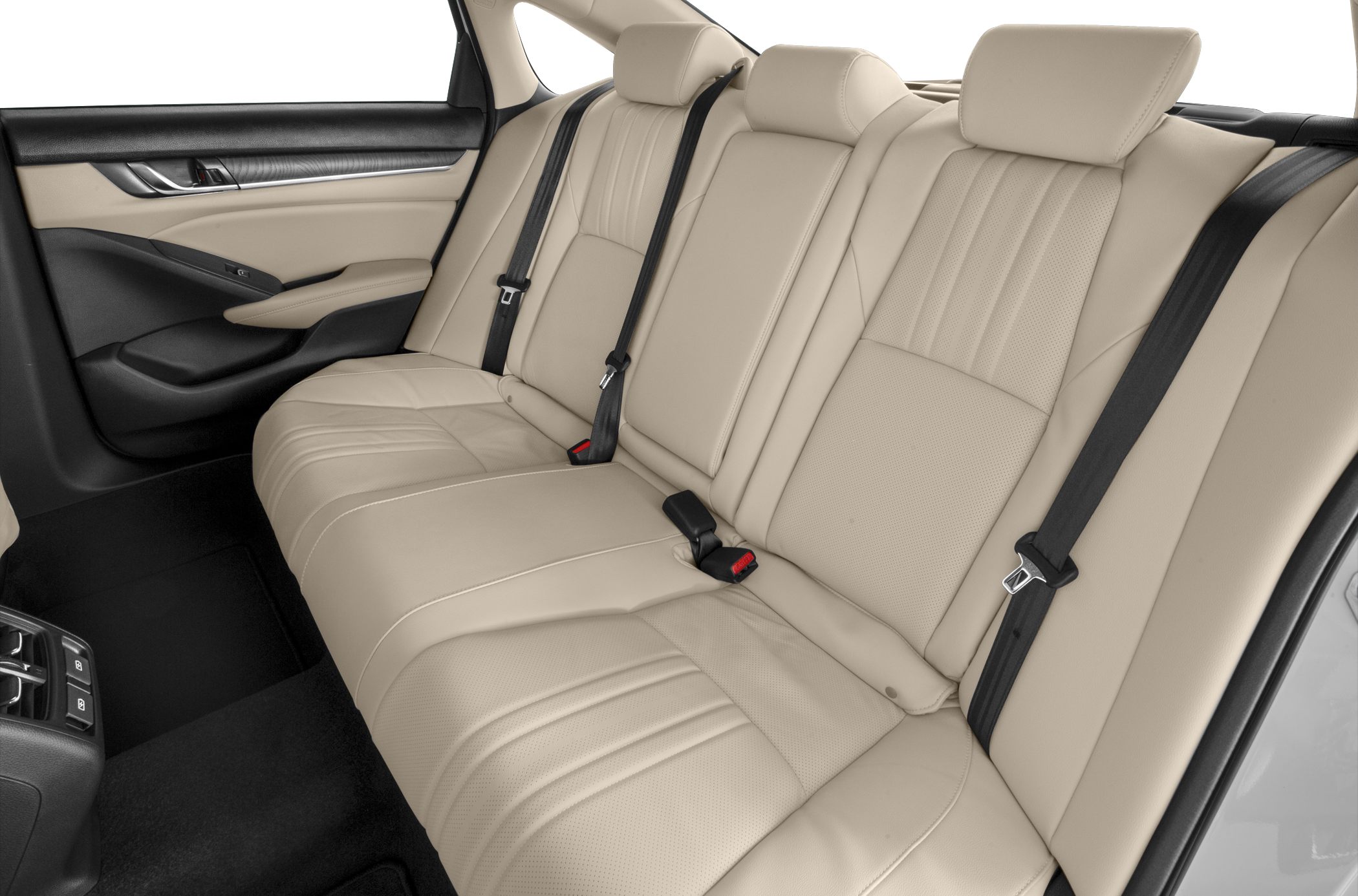 Beige leather rear seating with black seat belts and door panel trim