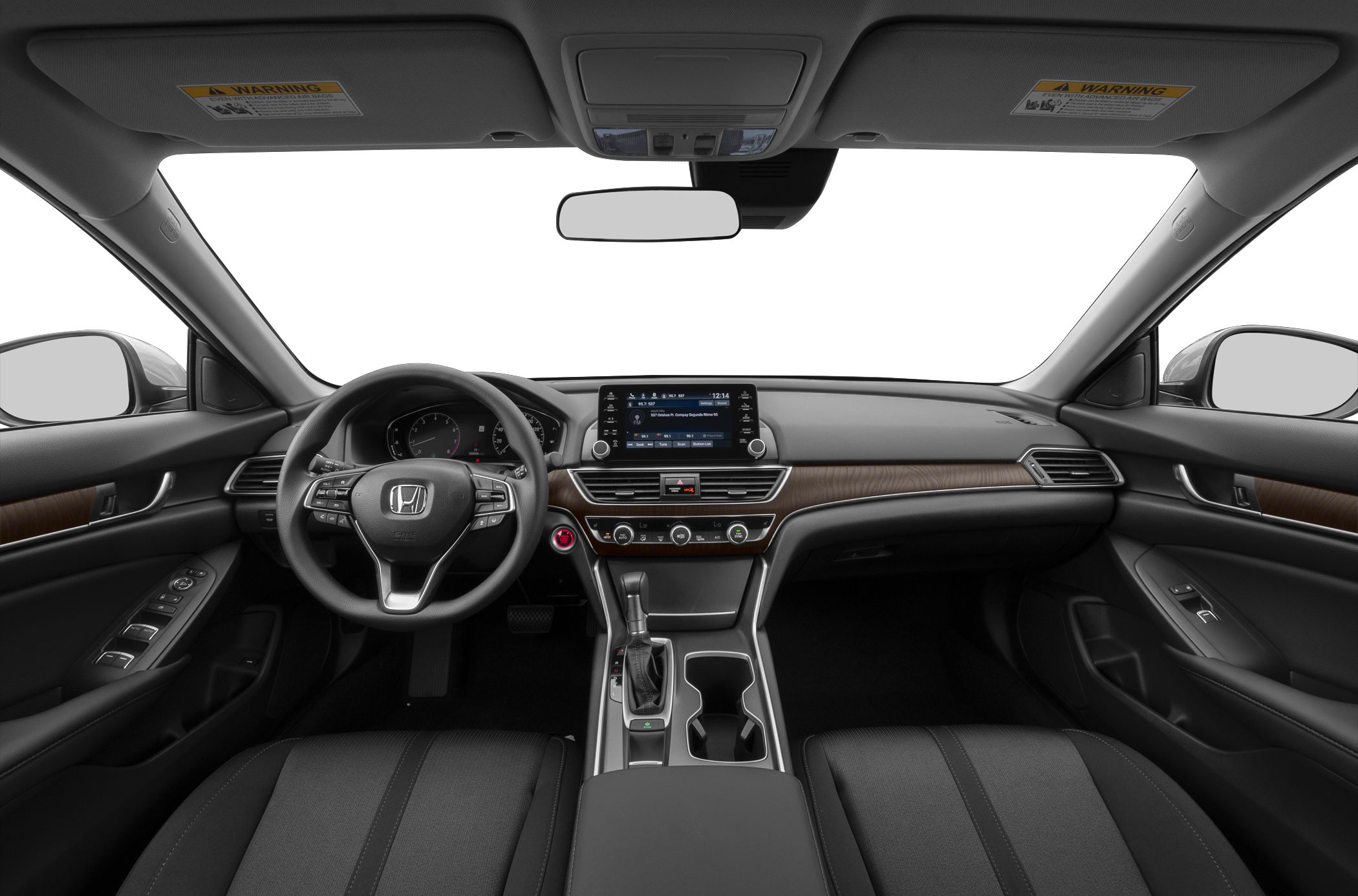Dashboard with touchscreen, steering wheel controls, center console, and automatic shifter