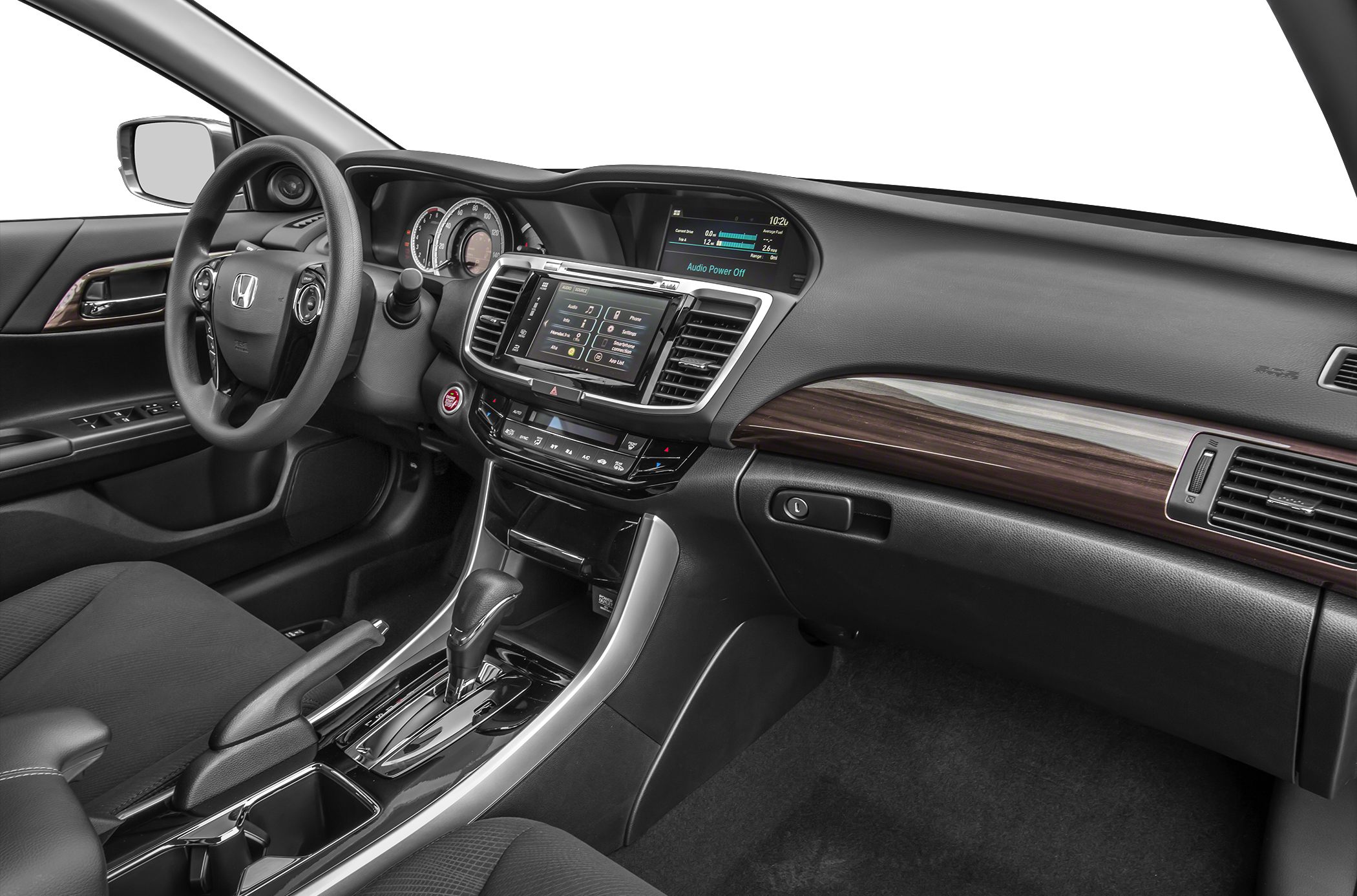 Interior dashboard and center console with infotainment and wood trim