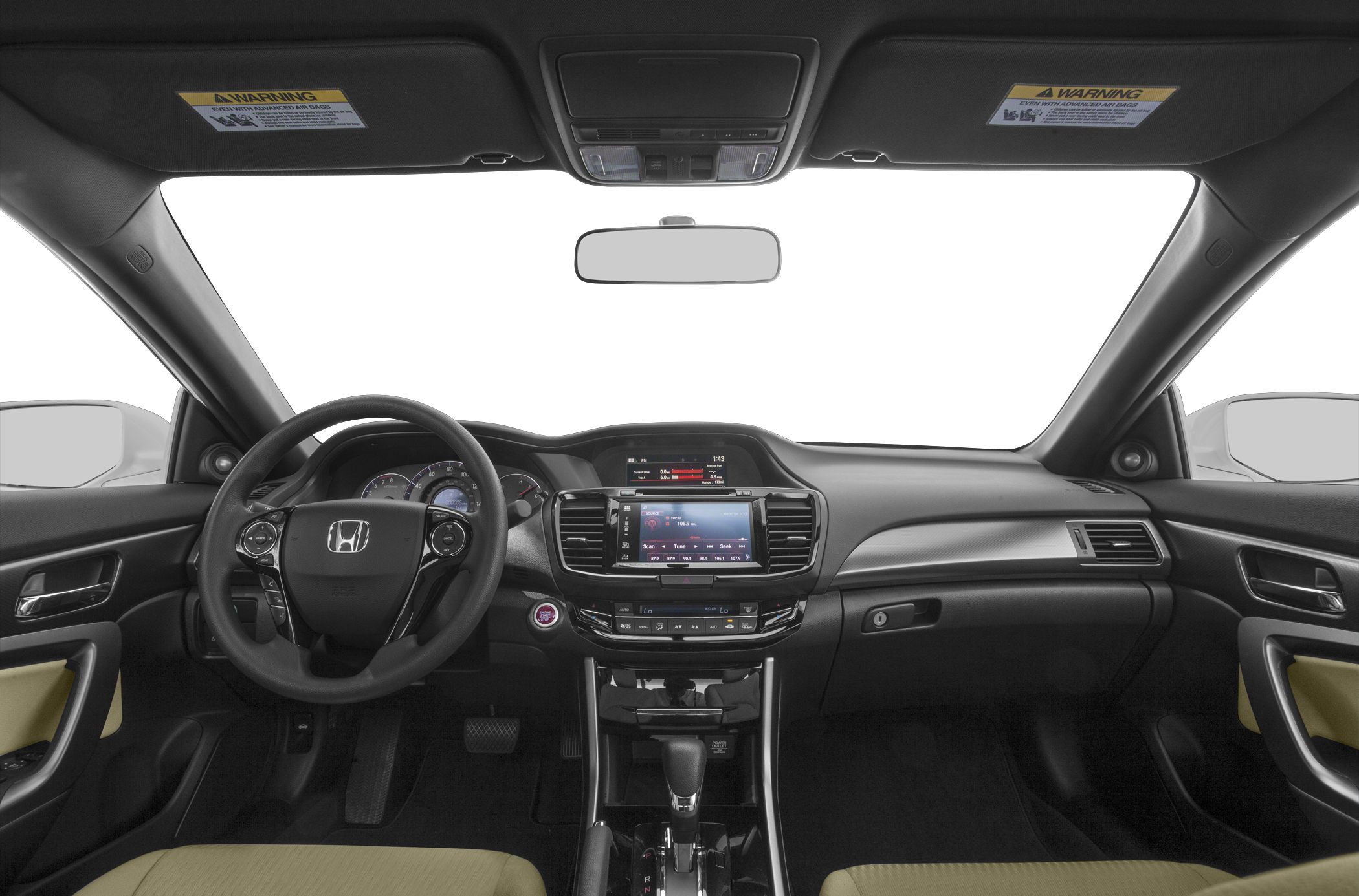 Modern car interior with dashboard, steering wheel, infotainment screen
