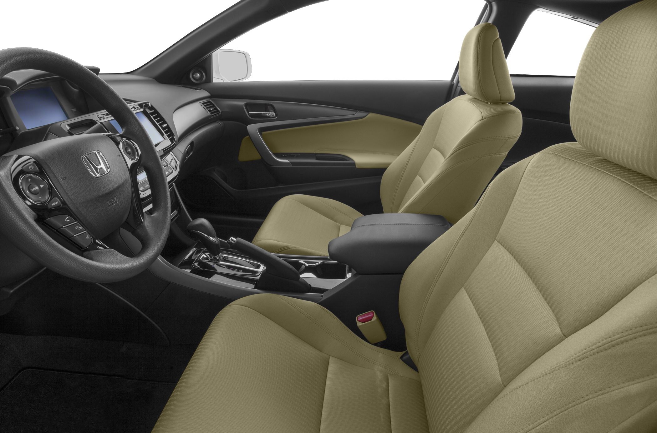 Front seats, steering wheel, and dashboard interior view
