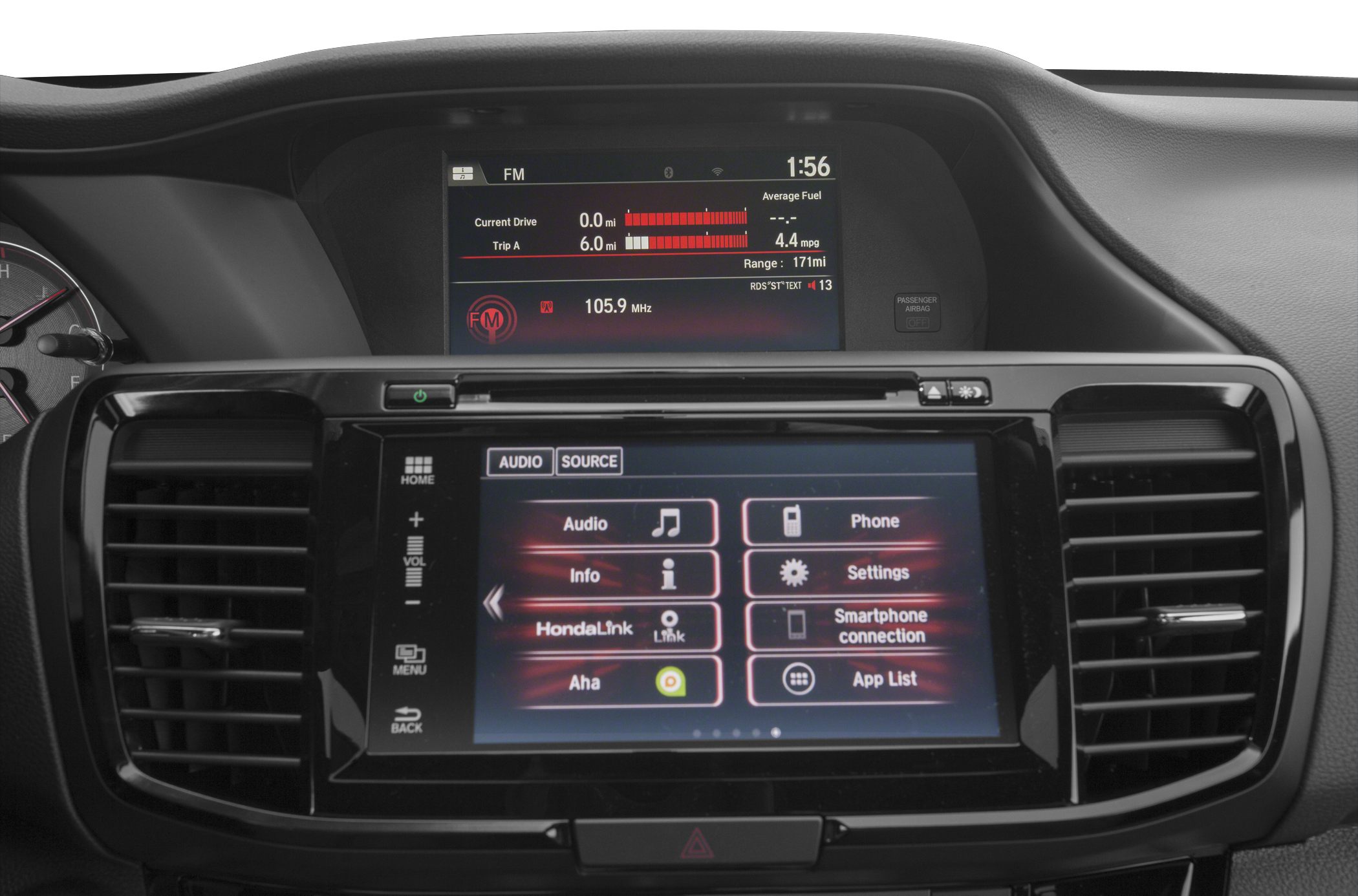Dual screen multimedia and driver display interface with touchscreen control
