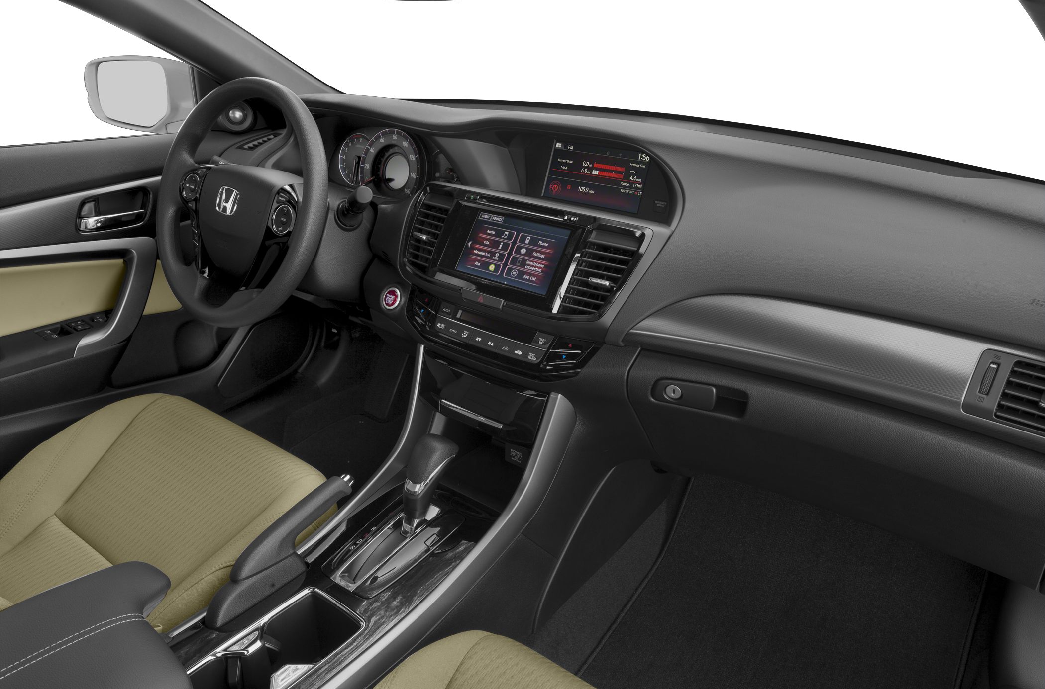 Modern car interior with dual infotainment screens and automatic gear shifter
