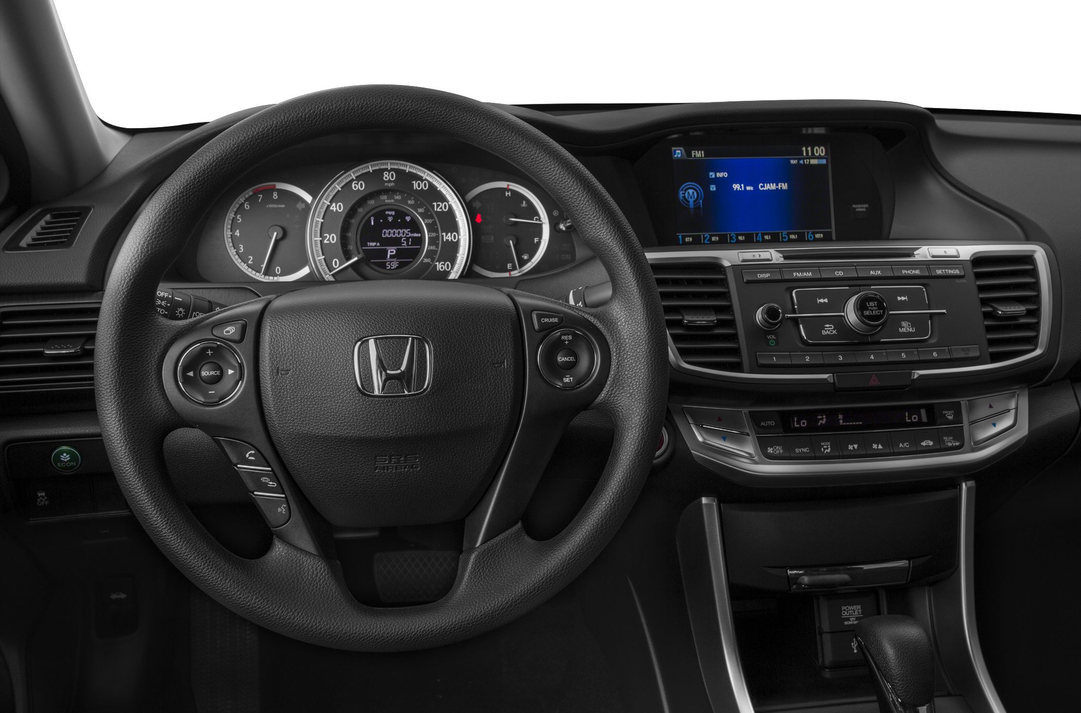 Steering wheel, instrument cluster, infotainment screen, climate controls