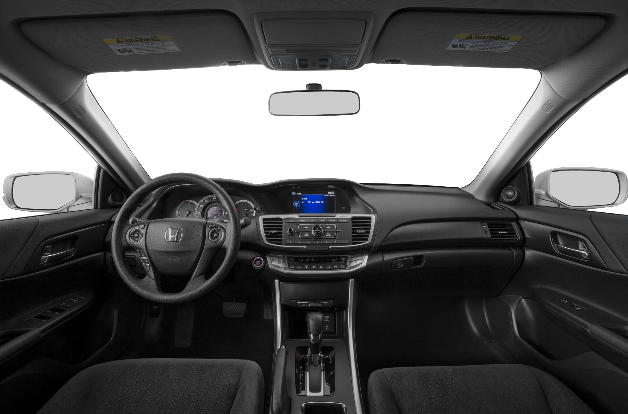Dashboard and steering wheel with center console featuring infotainment and automatic gear shift