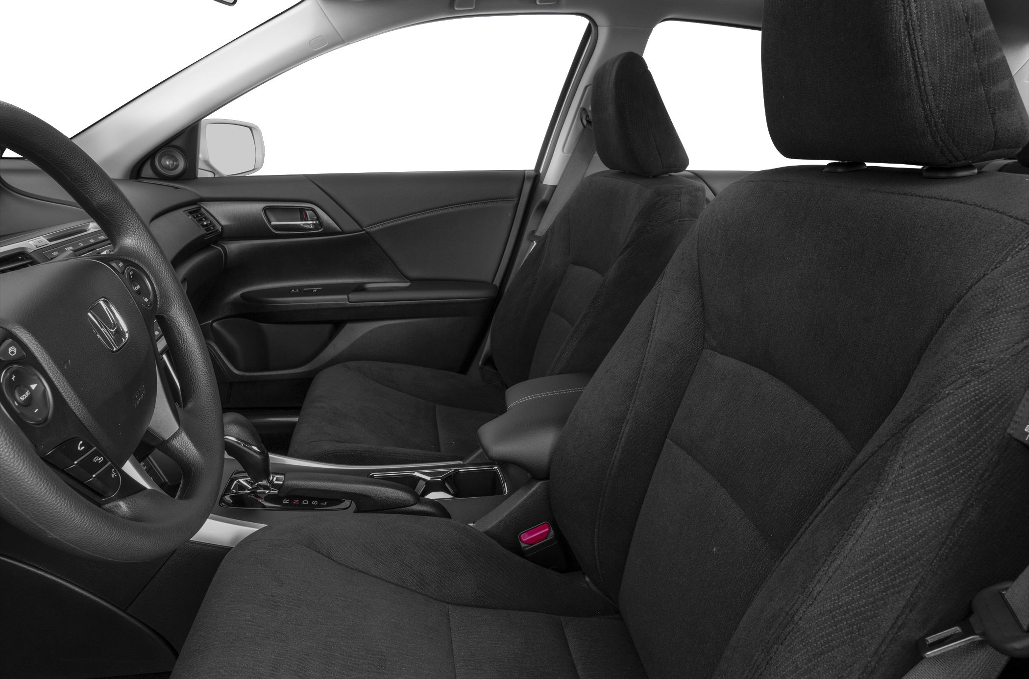 Driver and front passenger seats with steering wheel and center console