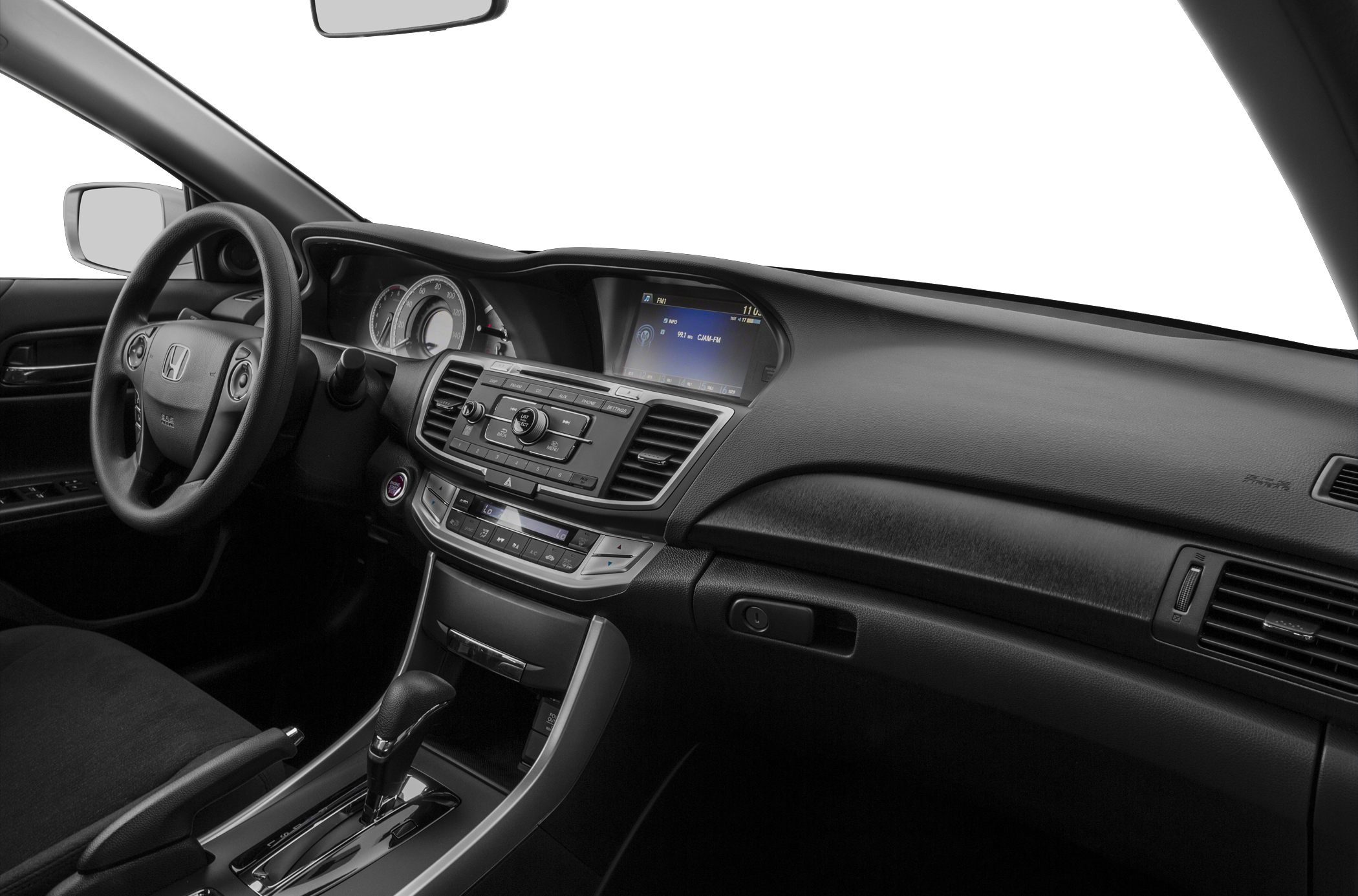 Interior dashboard and steering wheel with infotainment system and gear shift