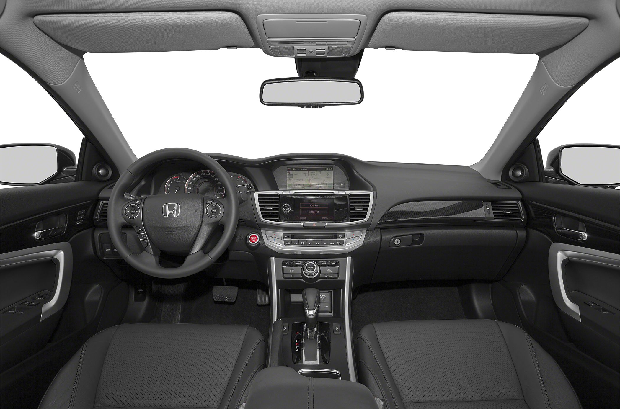 Dashboard and steering wheel with infotainment and control panels